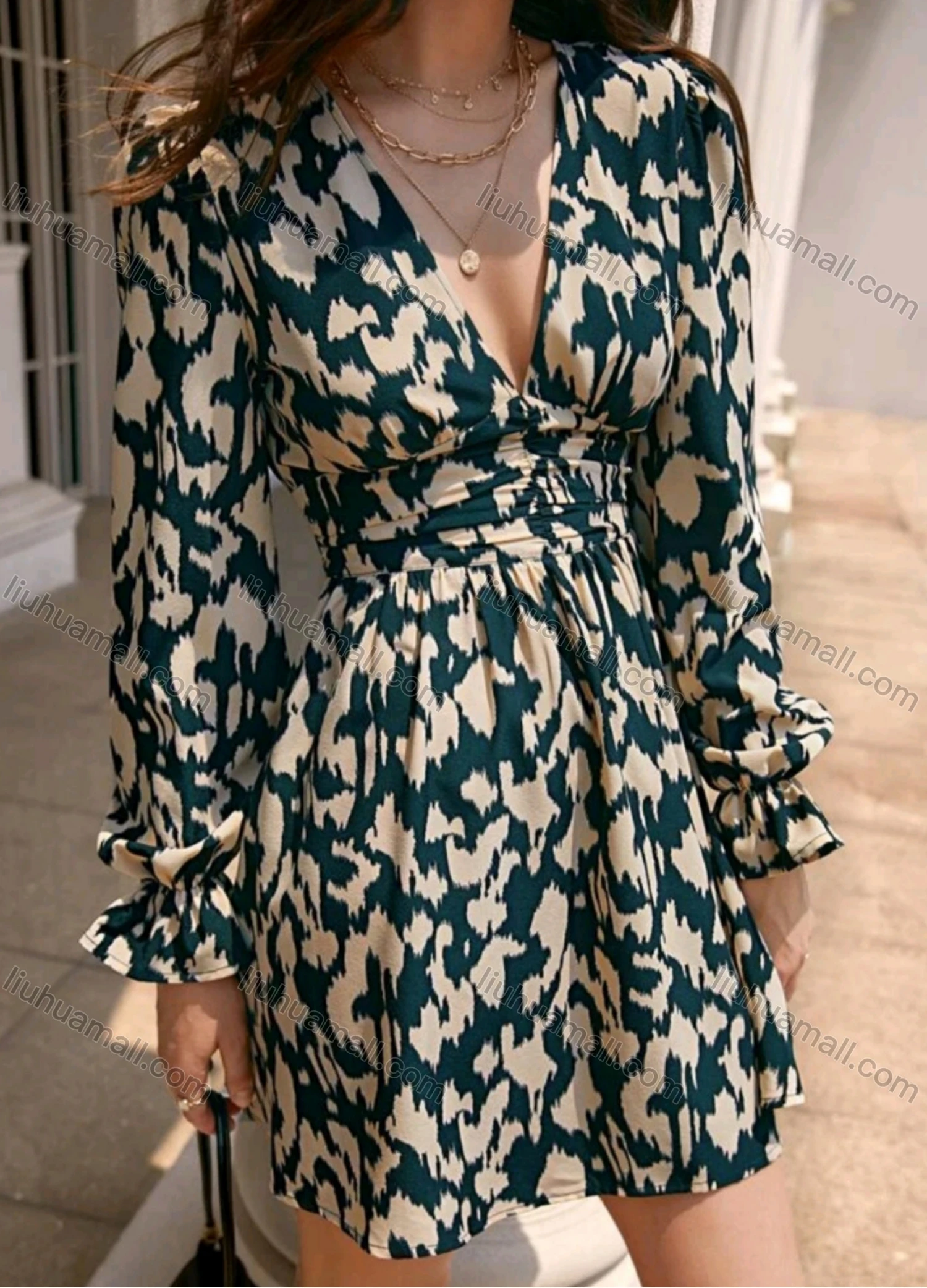 Wholesale Women's Sexy Deep V Neck Allover Print Long Sleeve High Waist Short Dress - Liuhuamall