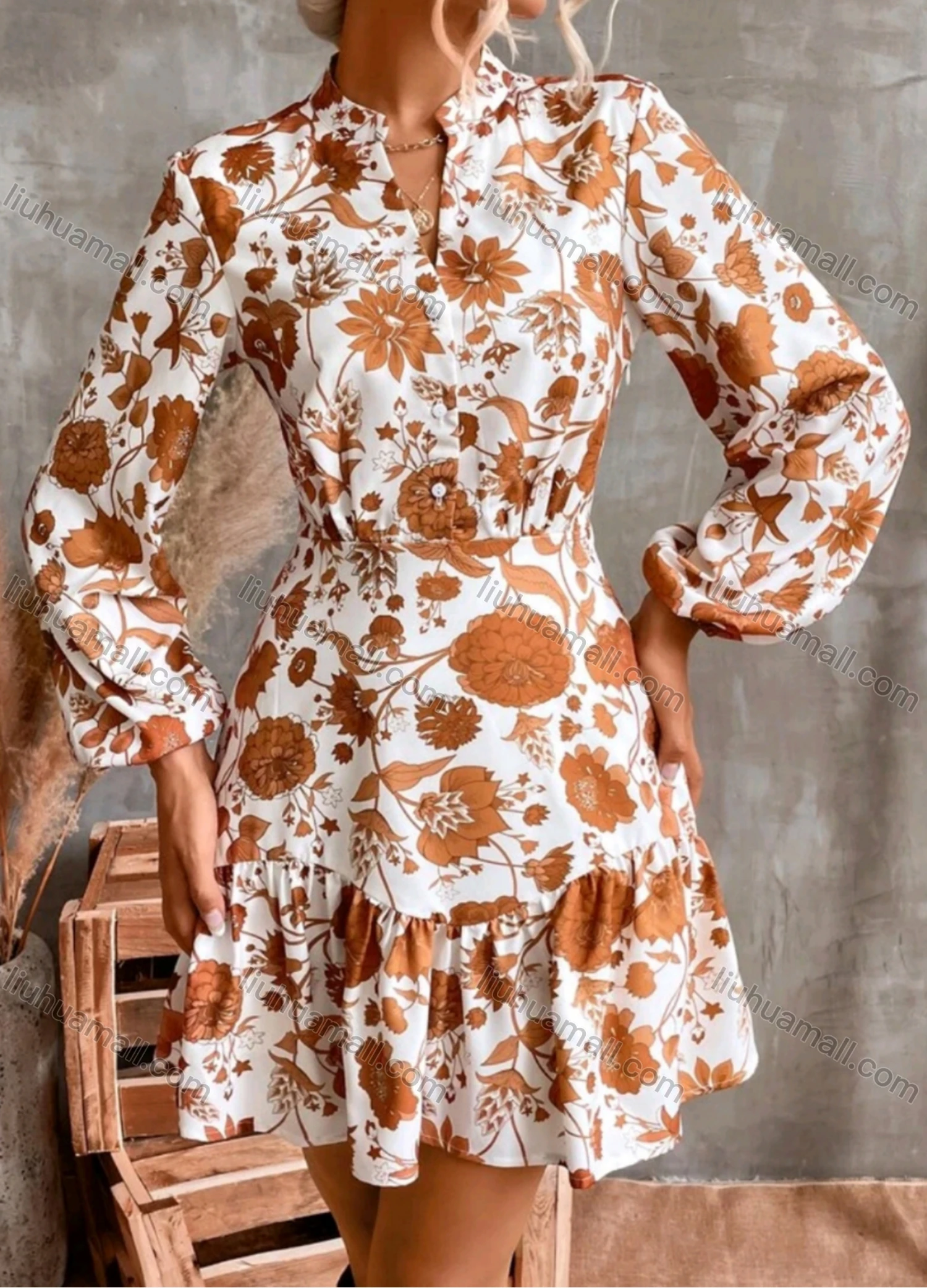 Wholesale Women's Casual Elegant Floral Print Notched Neck Long Sleeve Buttons Front Ruffle Hem Short Shirt Dress - Liuhuamall