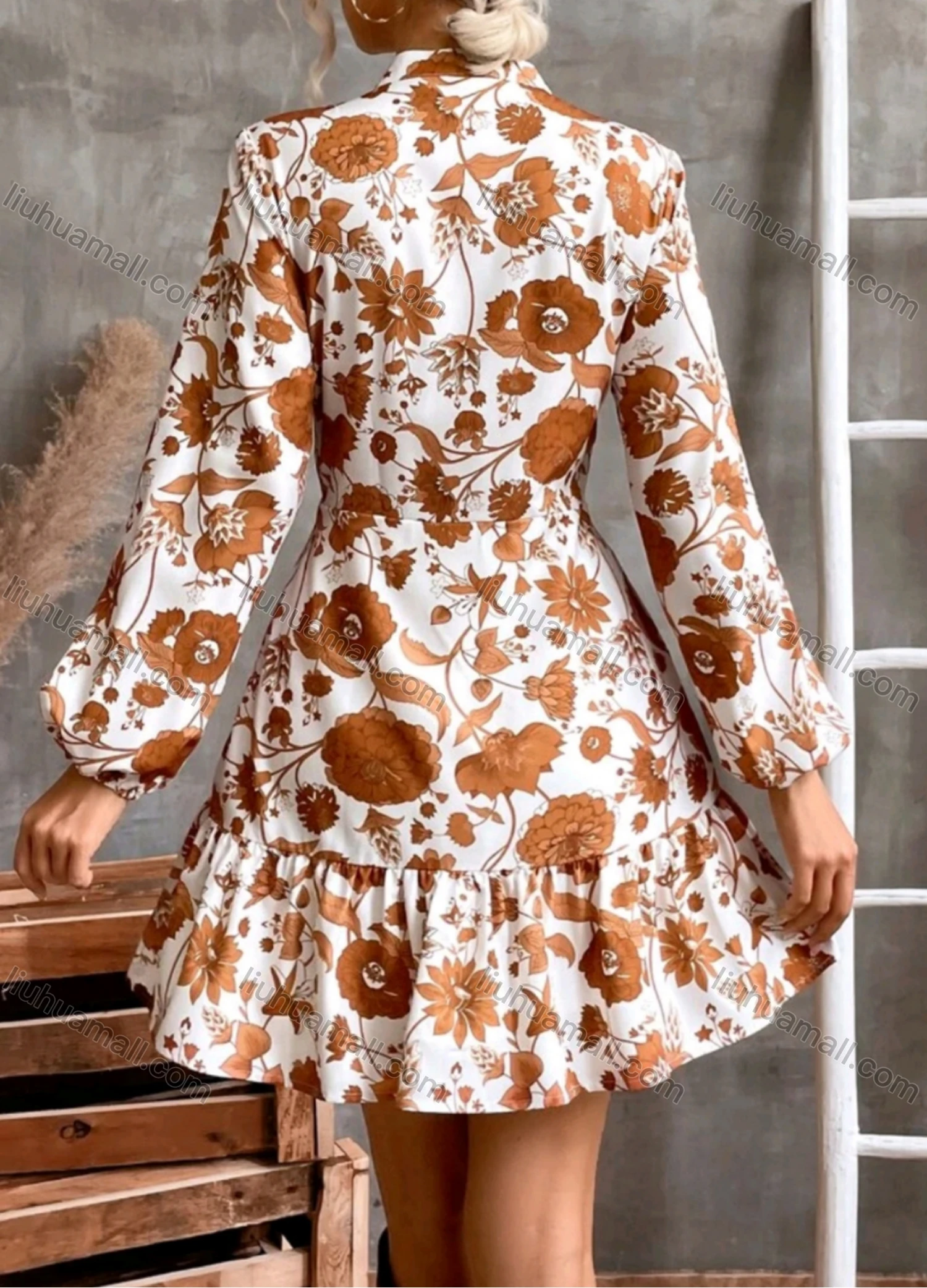 Wholesale Women's Casual Elegant Floral Print Notched Neck Long Sleeve Buttons Front Ruffle Hem Short Shirt Dress - Liuhuamall