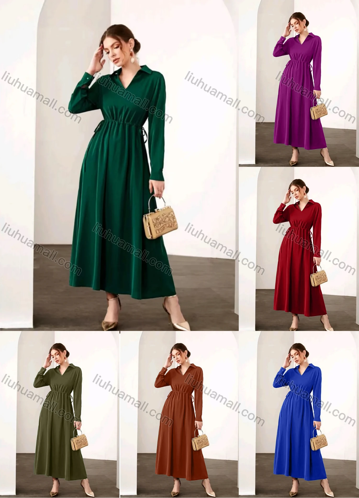 Wholesale Women's Casual Elegant V Neck Collared Long Sleeve Ruched Drawstring Maxi Dress - Liuhuamall