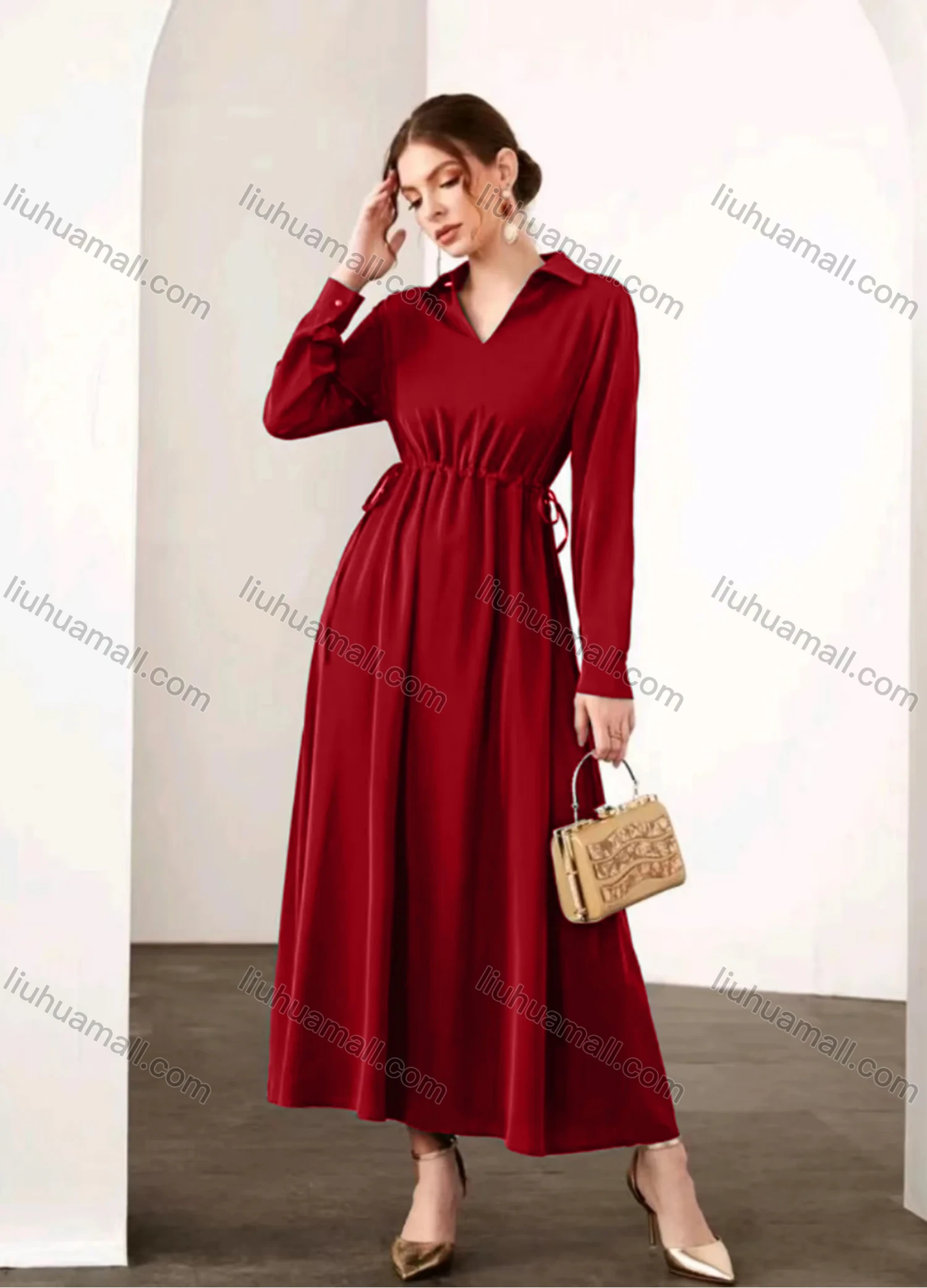 Wholesale Women's Casual Elegant V Neck Collared Long Sleeve Ruched Drawstring Maxi Dress - Liuhuamall