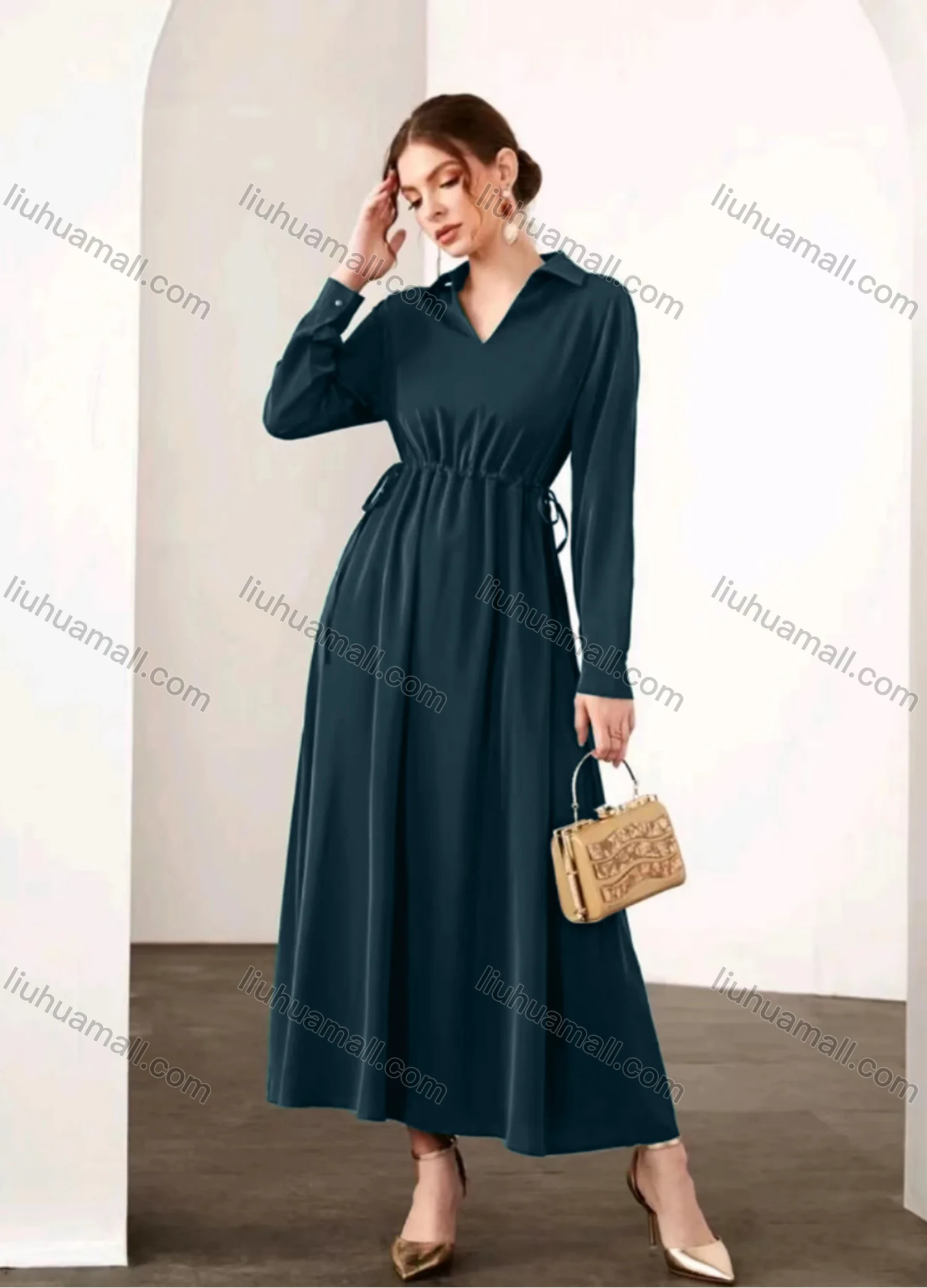Wholesale Women's Casual Elegant V Neck Collared Long Sleeve Ruched Drawstring Maxi Dress - Liuhuamall