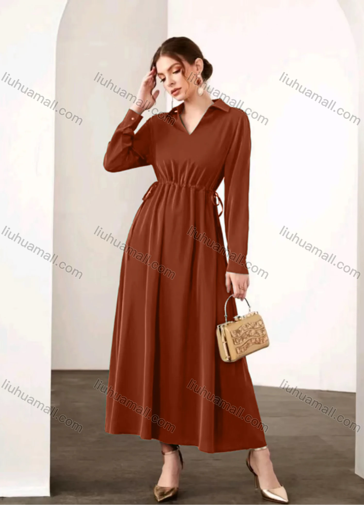 Wholesale Women's Casual Elegant V Neck Collared Long Sleeve Ruched Drawstring Maxi Dress - Liuhuamall