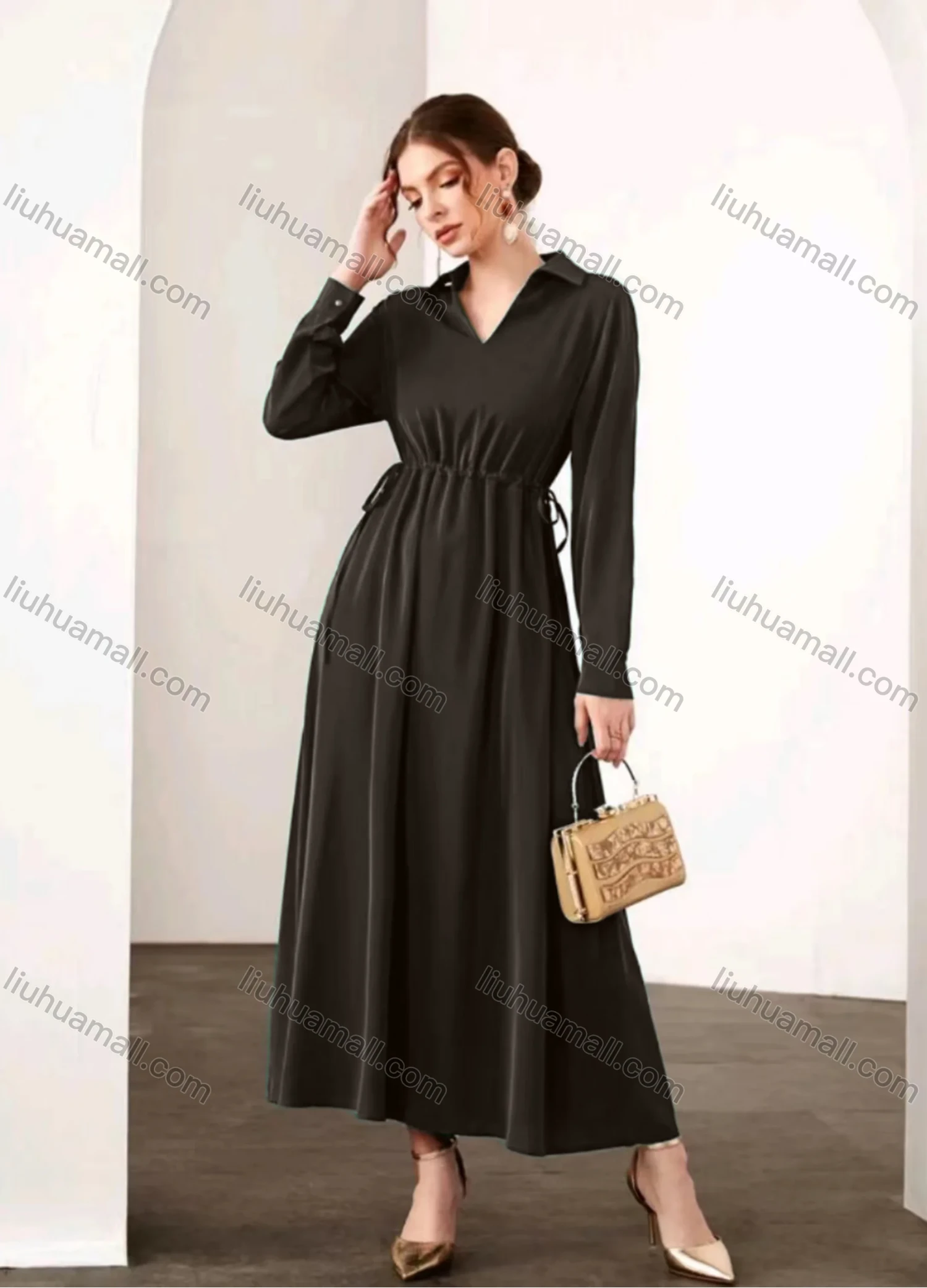 Wholesale Women's Casual Elegant V Neck Collared Long Sleeve Ruched Drawstring Maxi Dress - Liuhuamall