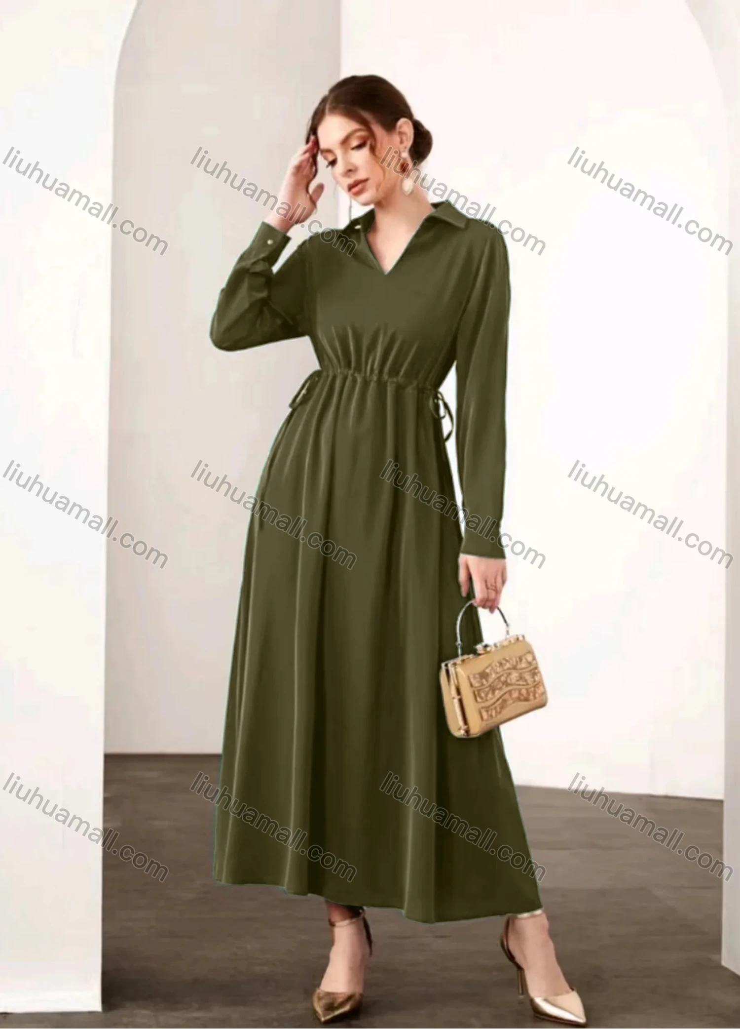 Wholesale Women's Casual Elegant V Neck Collared Long Sleeve Ruched Drawstring Maxi Dress - Liuhuamall