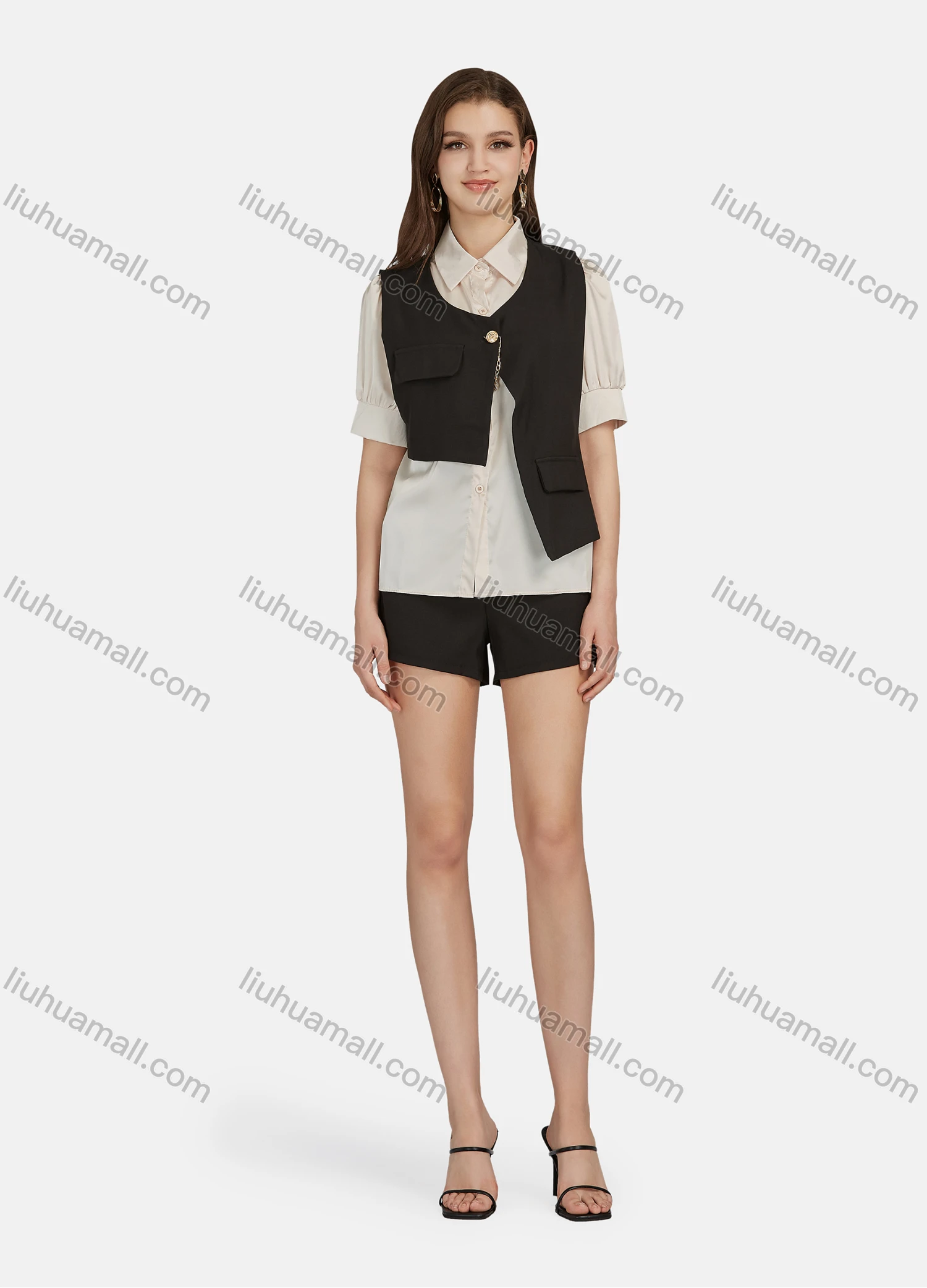 Wholesale Women's Plain One Button Asymmetrical Waistcoat & Shorts 2 Piece Set - Liuhuamall
