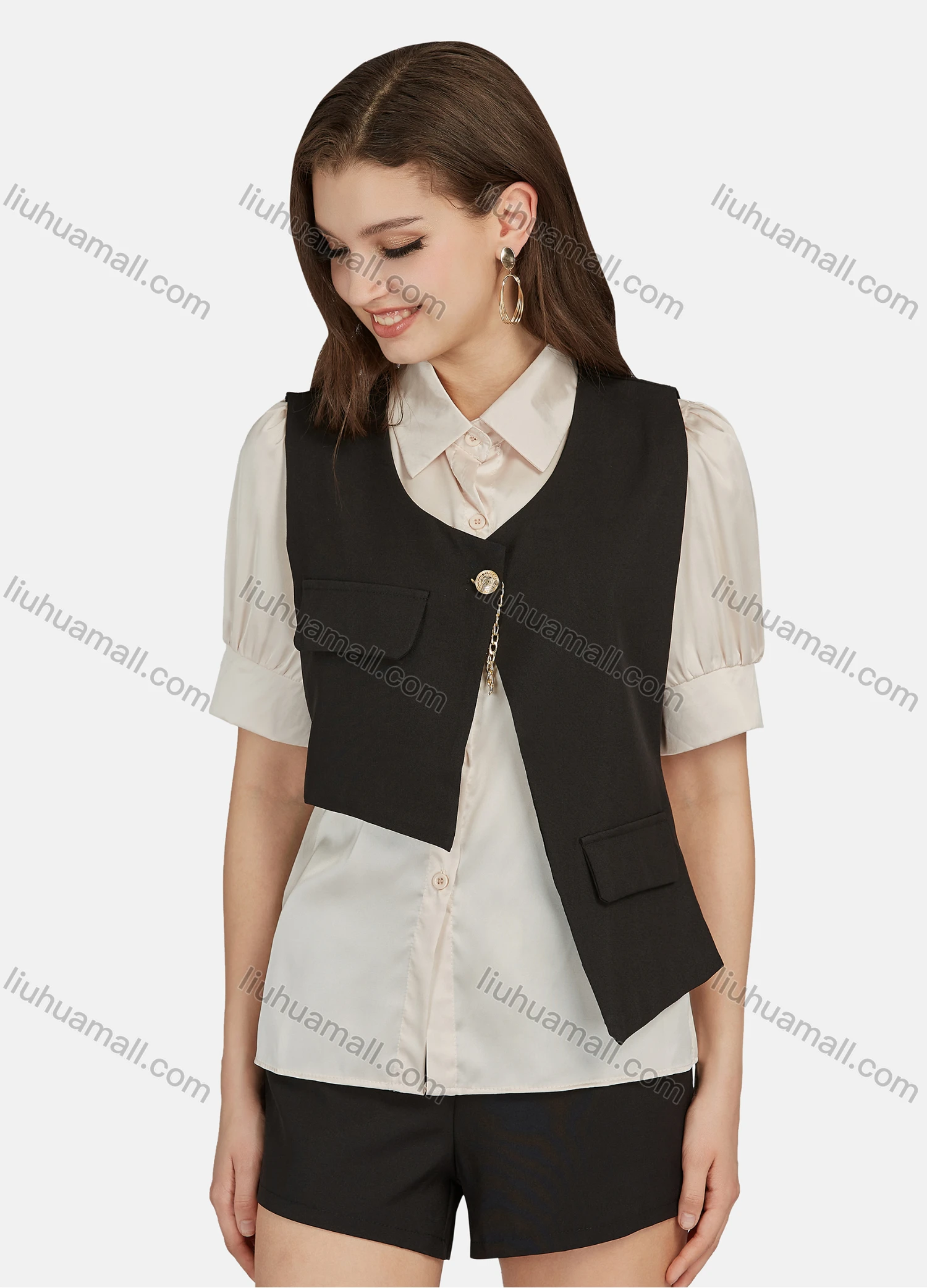 Wholesale Women's Plain One Button Asymmetrical Waistcoat & Shorts 2 Piece Set - Liuhuamall