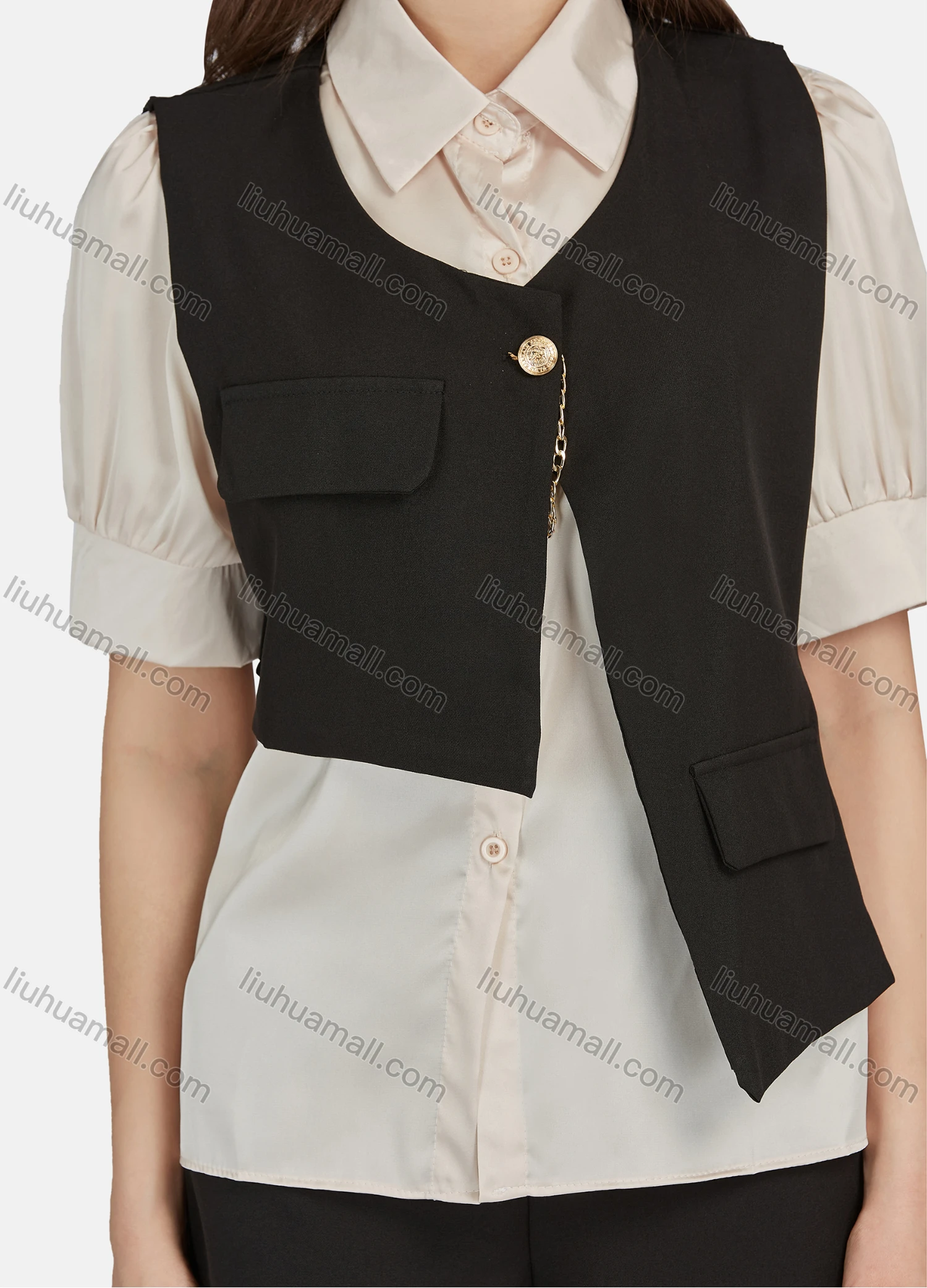 Wholesale Women's Plain One Button Asymmetrical Waistcoat & Shorts 2 Piece Set - Liuhuamall