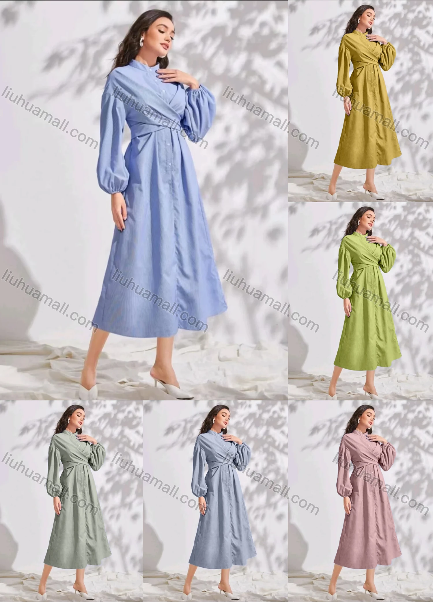 Wholesale Women's Casual Stand Collar Plain Long Sleeve Wrap Ruched Peplum Midi Dress - Liuhuamall