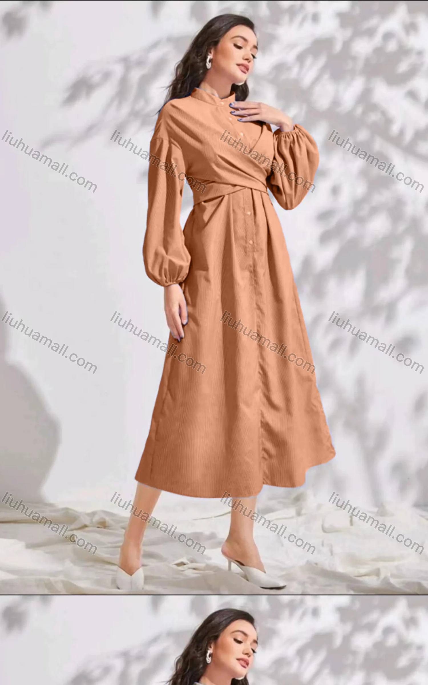 Wholesale Women's Casual Stand Collar Plain Long Sleeve Wrap Ruched Peplum Midi Dress - Liuhuamall