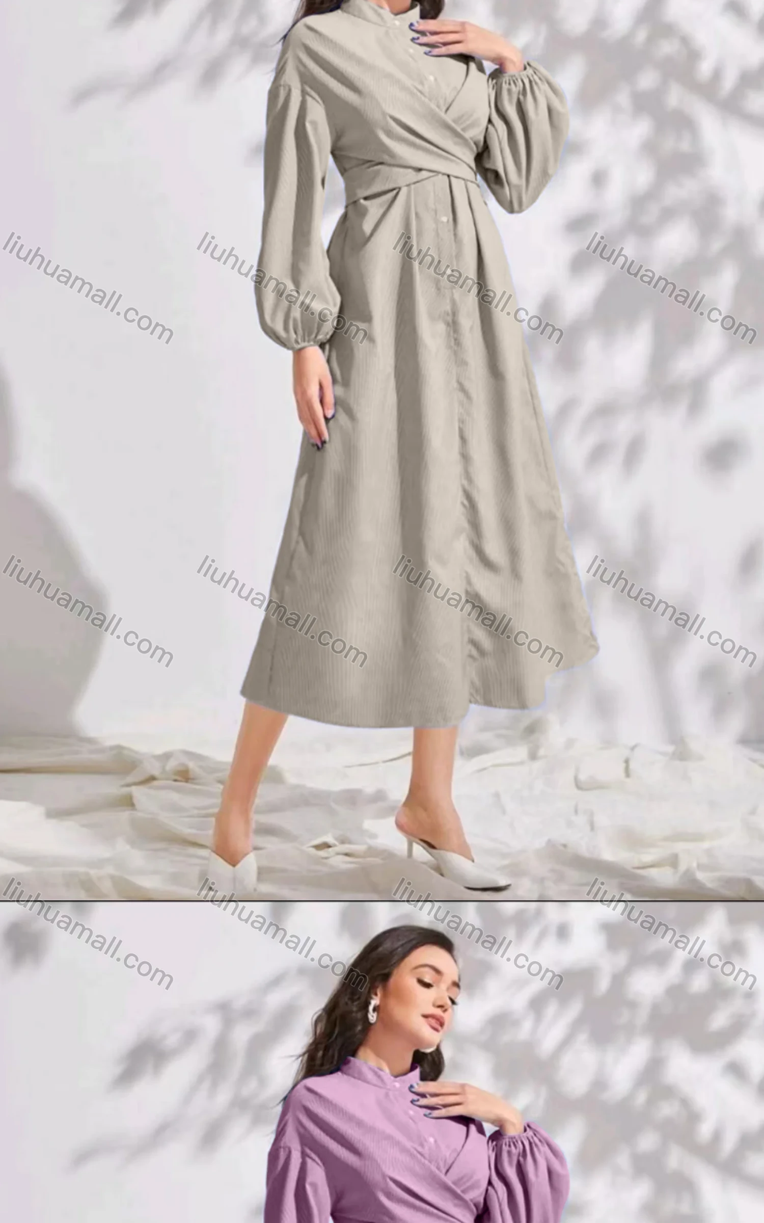 Wholesale Women's Casual Stand Collar Plain Long Sleeve Wrap Ruched Peplum Midi Dress - Liuhuamall