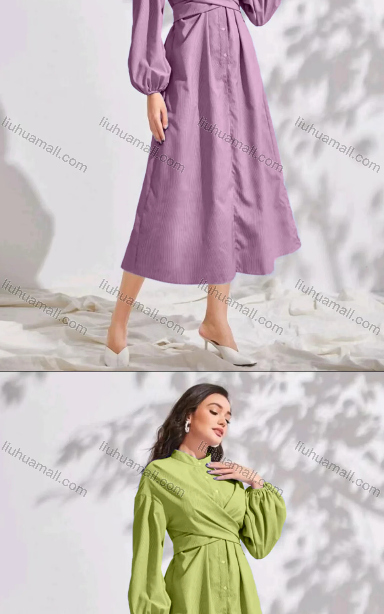 Wholesale Women's Casual Stand Collar Plain Long Sleeve Wrap Ruched Peplum Midi Dress - Liuhuamall