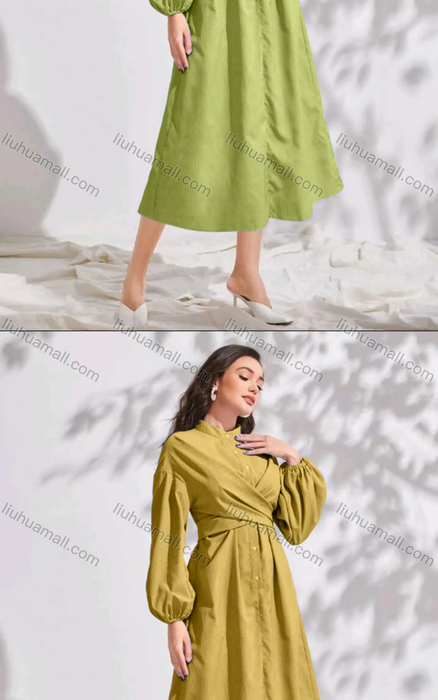Wholesale Women's Casual Stand Collar Plain Long Sleeve Wrap Ruched Peplum Midi Dress - Liuhuamall
