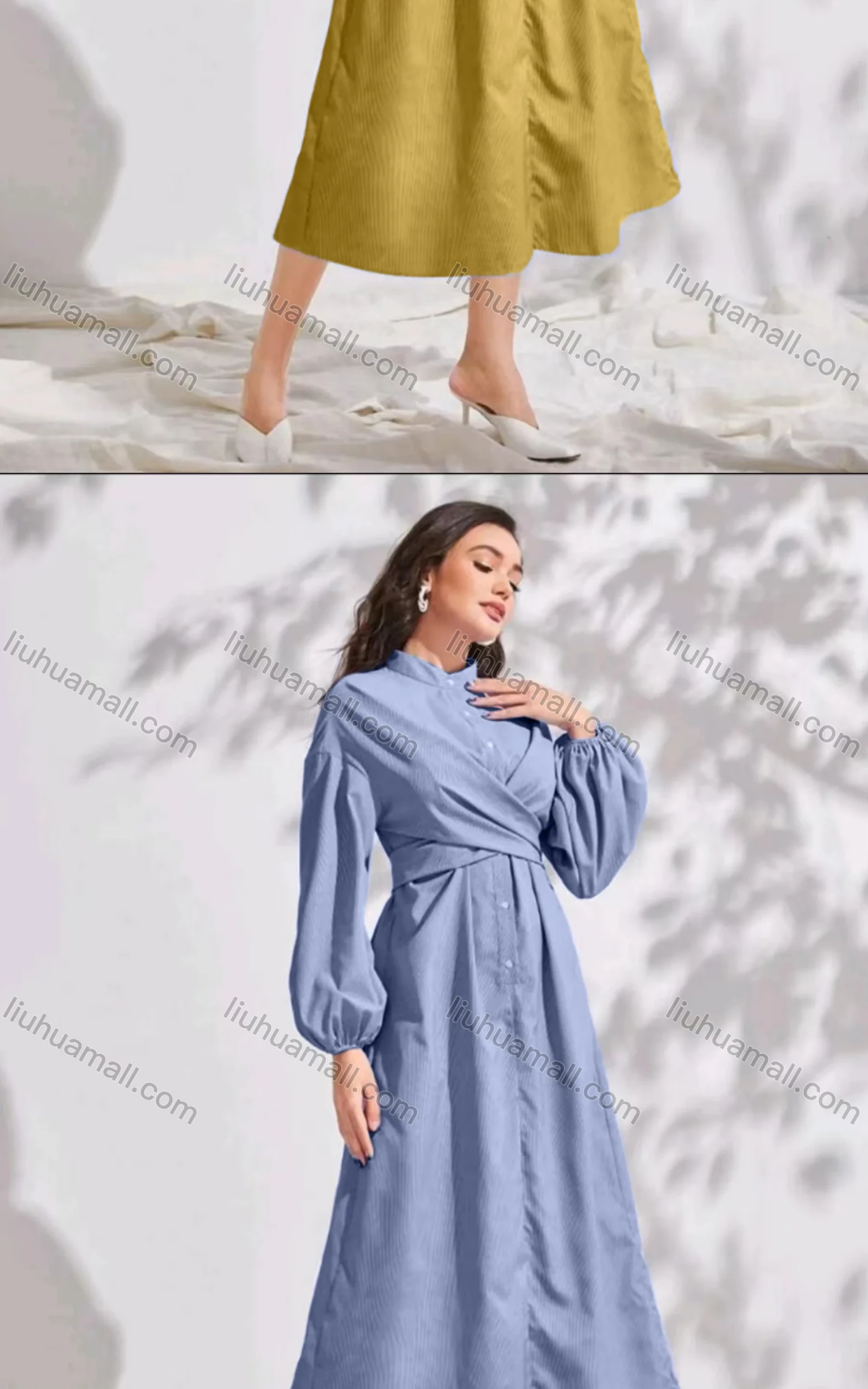 Wholesale Women's Casual Stand Collar Plain Long Sleeve Wrap Ruched Peplum Midi Dress - Liuhuamall