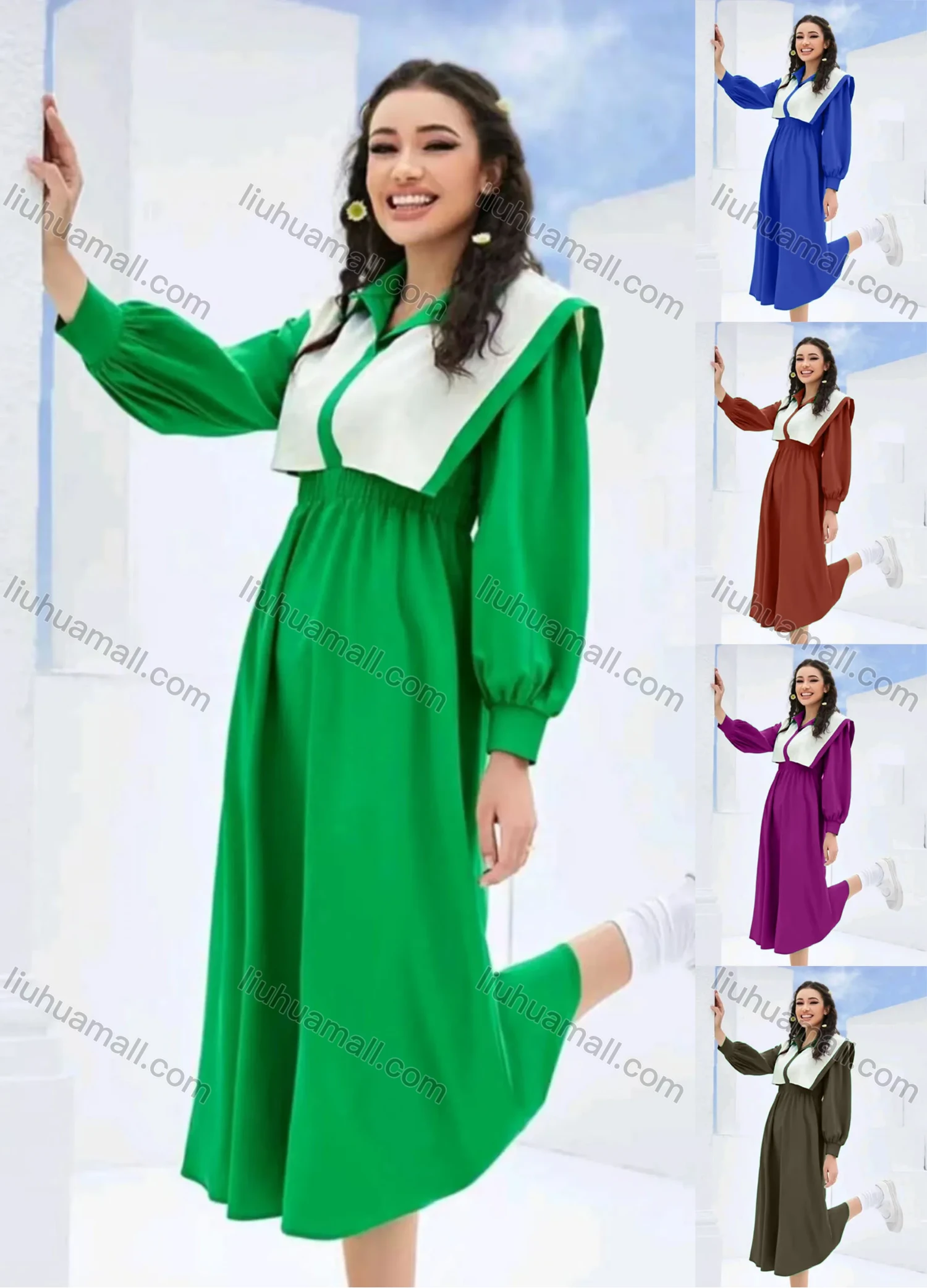Wholesale Women's Casual Colorblock Sailor Collar Long Sleeve Peplum Midi Dress - Liuhuamall
