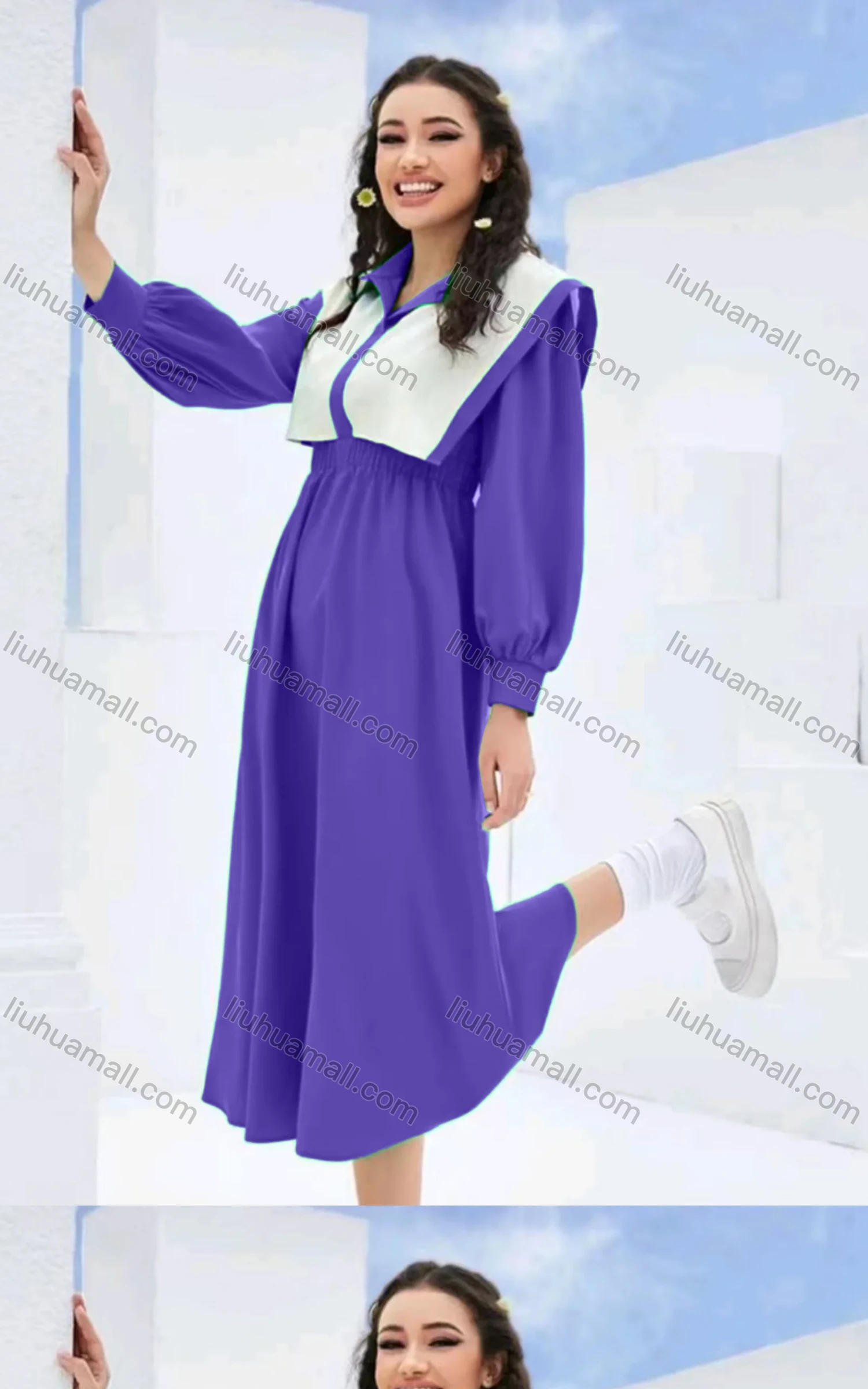 Wholesale Women's Casual Colorblock Sailor Collar Long Sleeve Peplum Midi Dress - Liuhuamall