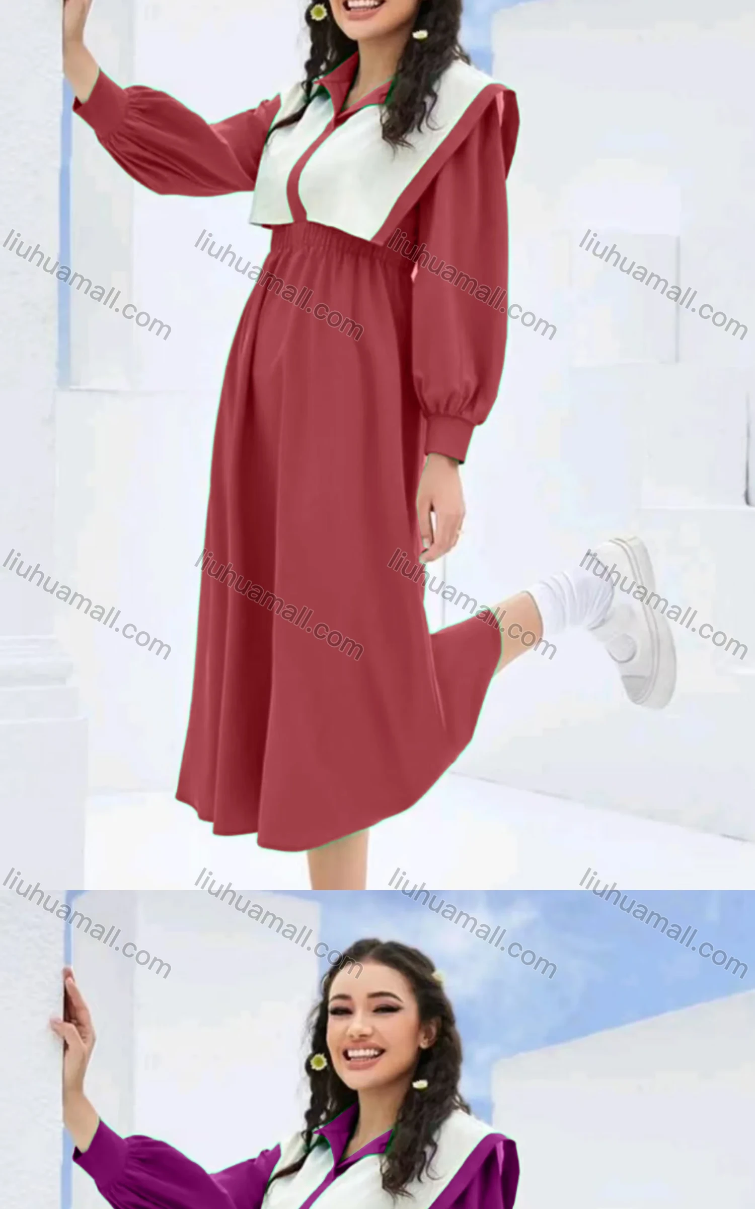 Wholesale Women's Casual Colorblock Sailor Collar Long Sleeve Peplum Midi Dress - Liuhuamall