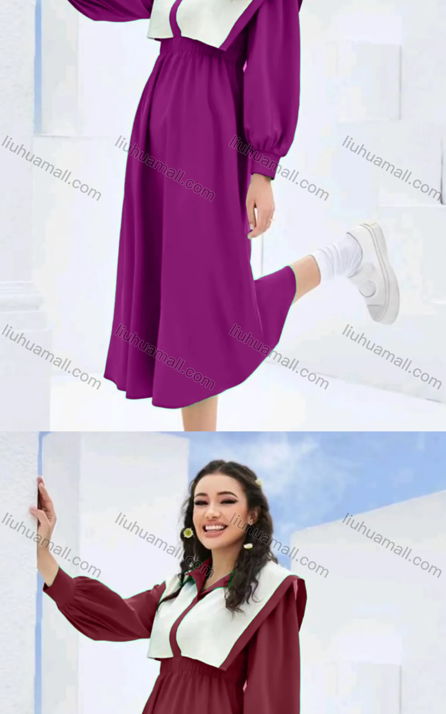 Wholesale Women's Casual Colorblock Sailor Collar Long Sleeve Peplum Midi Dress - Liuhuamall