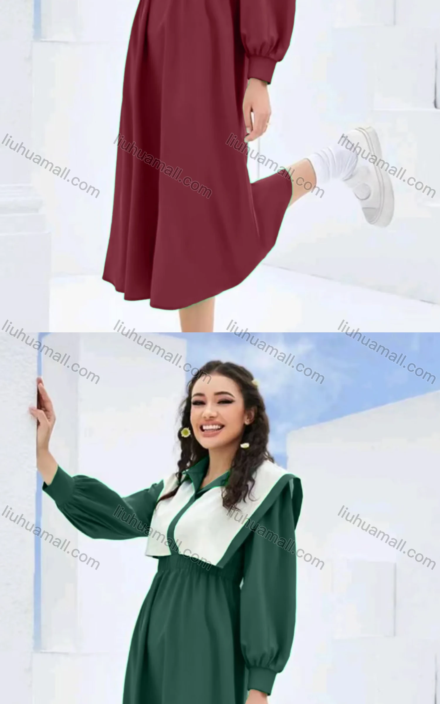 Wholesale Women's Casual Colorblock Sailor Collar Long Sleeve Peplum Midi Dress - Liuhuamall