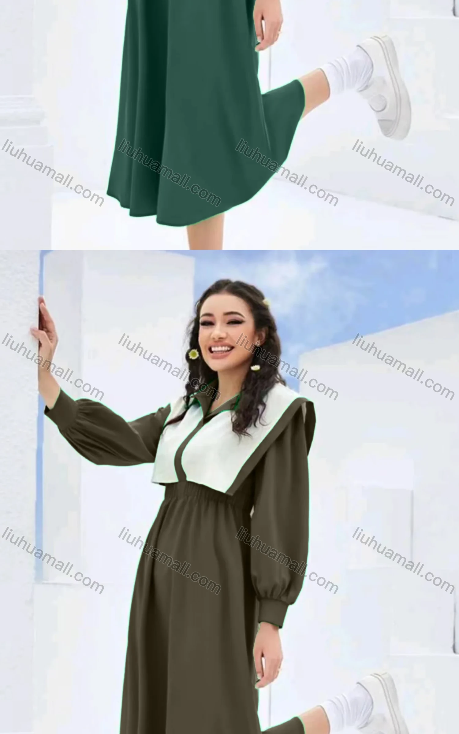 Wholesale Women's Casual Colorblock Sailor Collar Long Sleeve Peplum Midi Dress - Liuhuamall