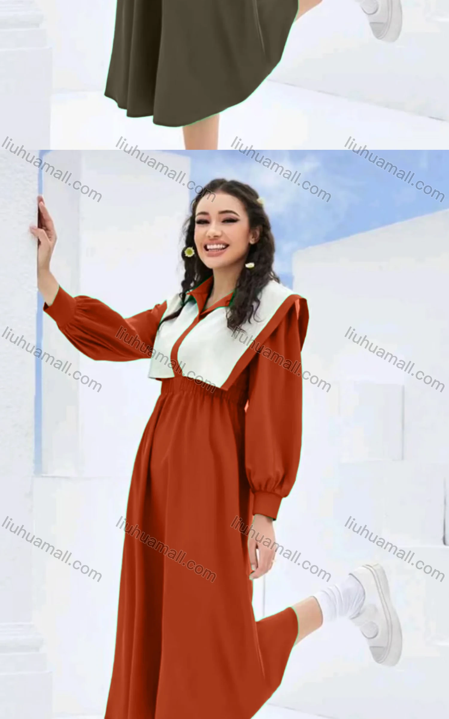 Wholesale Women's Casual Colorblock Sailor Collar Long Sleeve Peplum Midi Dress - Liuhuamall