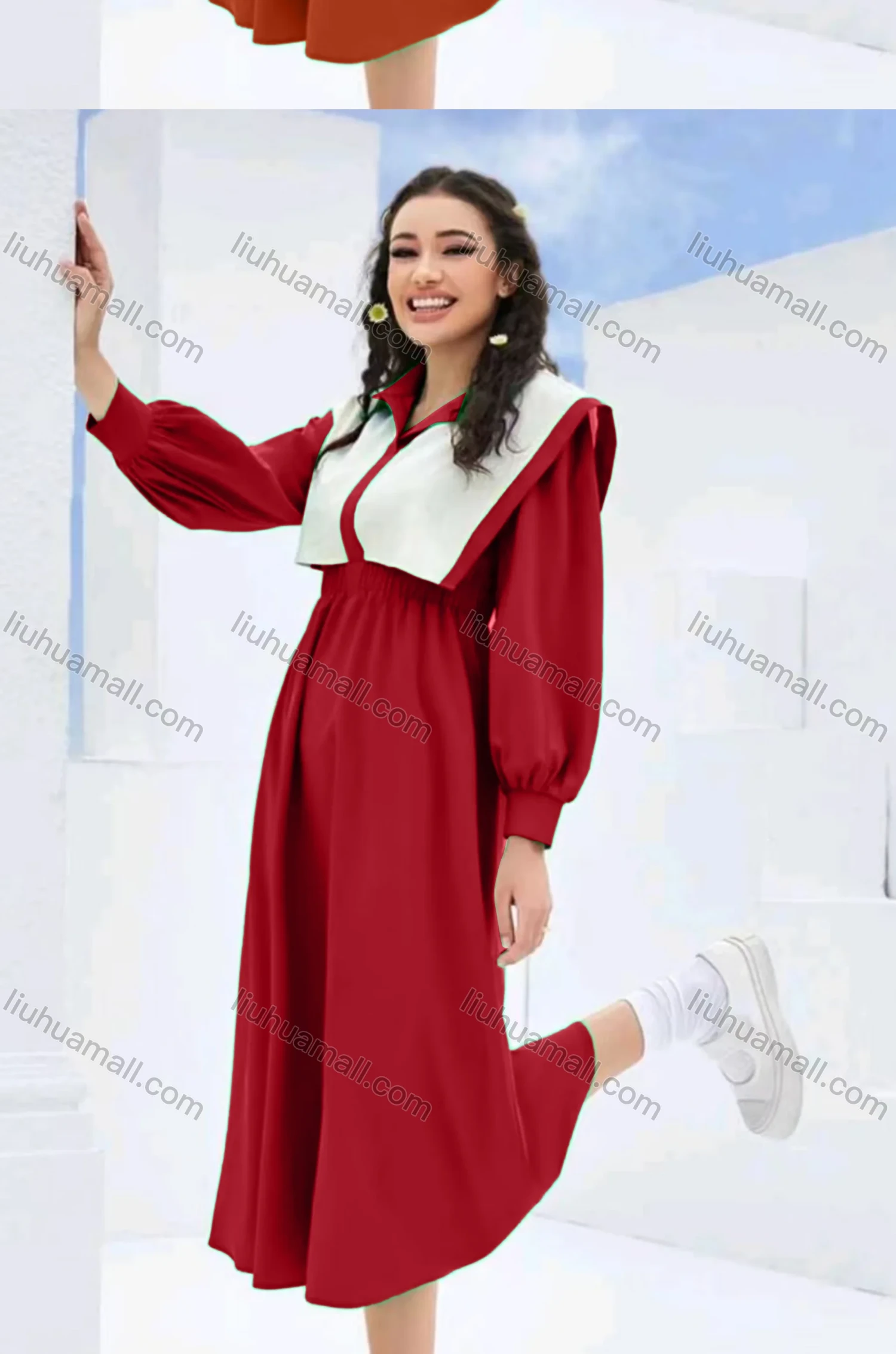 Wholesale Women's Casual Colorblock Sailor Collar Long Sleeve Peplum Midi Dress - Liuhuamall