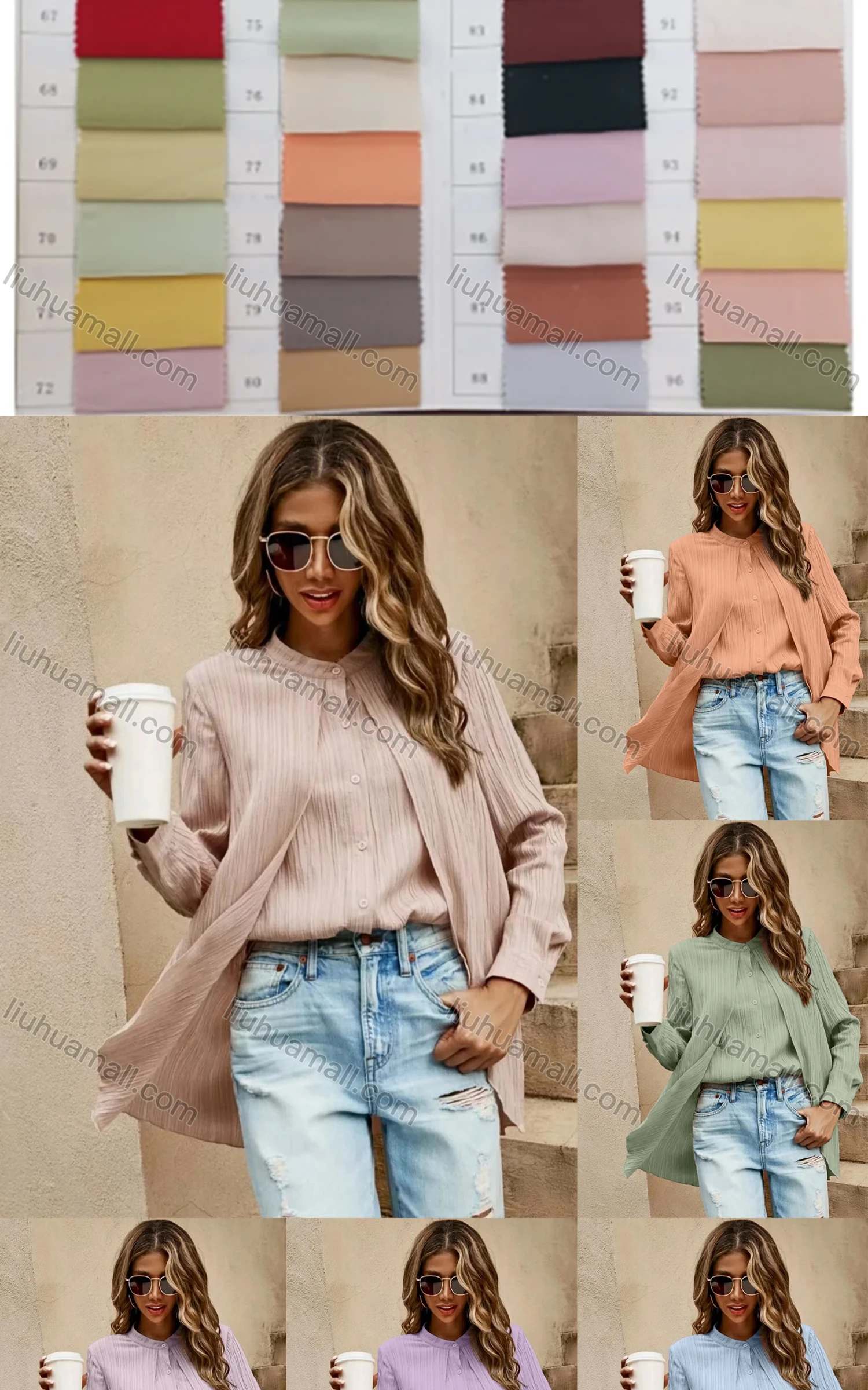 Wholesale Women's Casual Stand Collar Plain 2-in-1 Button Down Shirt Blouse - Liuhuamall