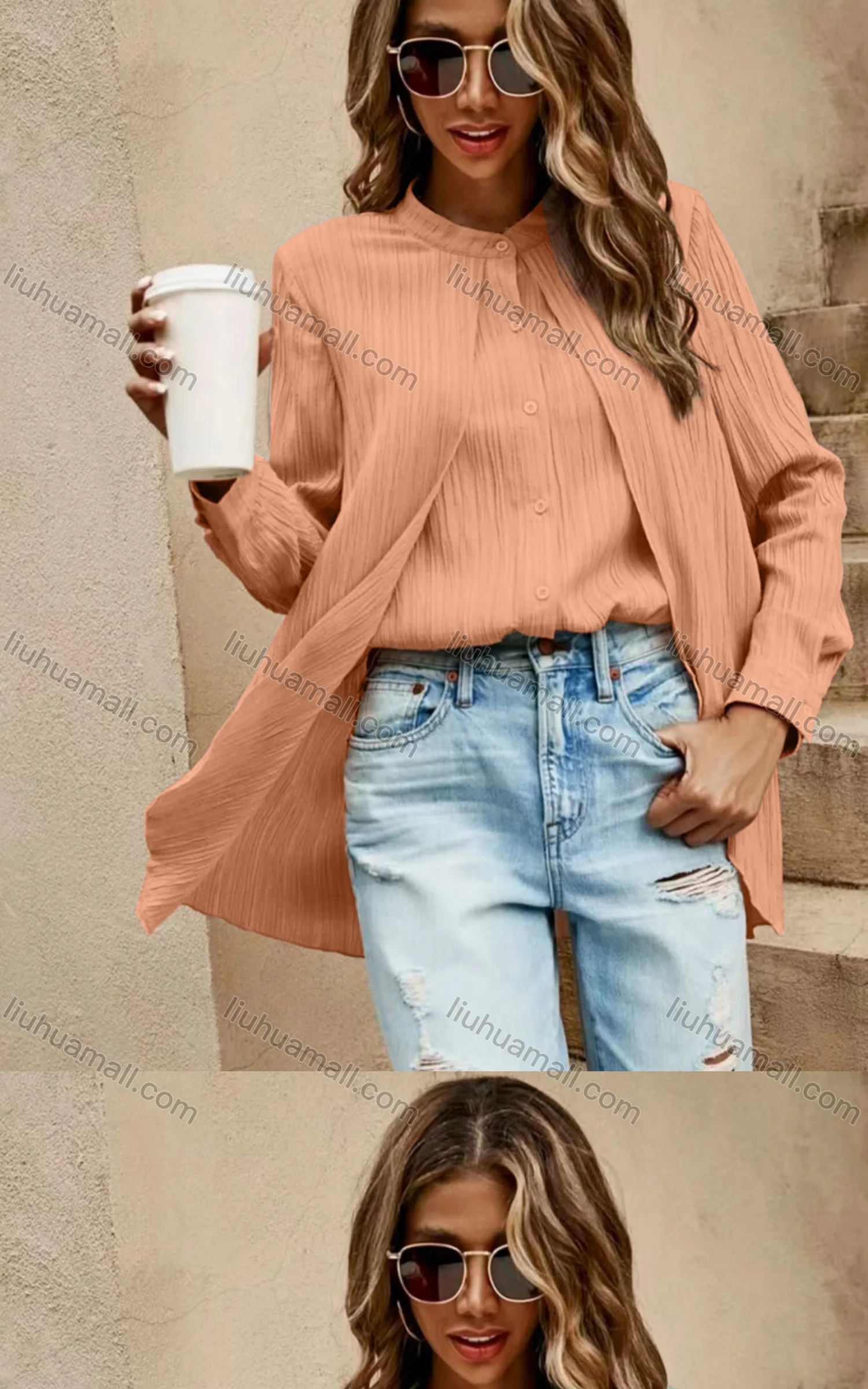 Wholesale Women's Casual Stand Collar Plain 2-in-1 Button Down Shirt Blouse - Liuhuamall