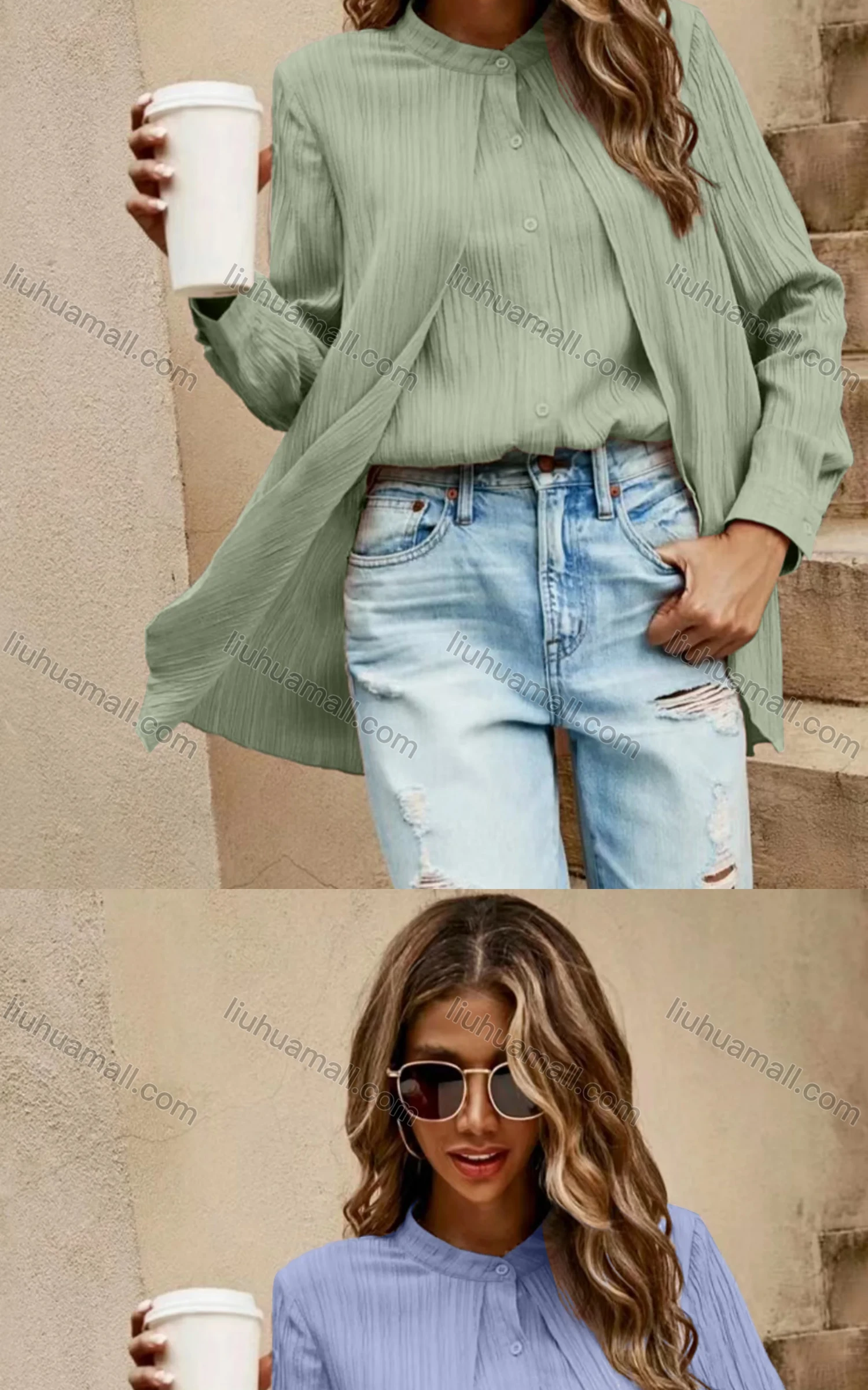 Wholesale Women's Casual Stand Collar Plain 2-in-1 Button Down Shirt Blouse - Liuhuamall