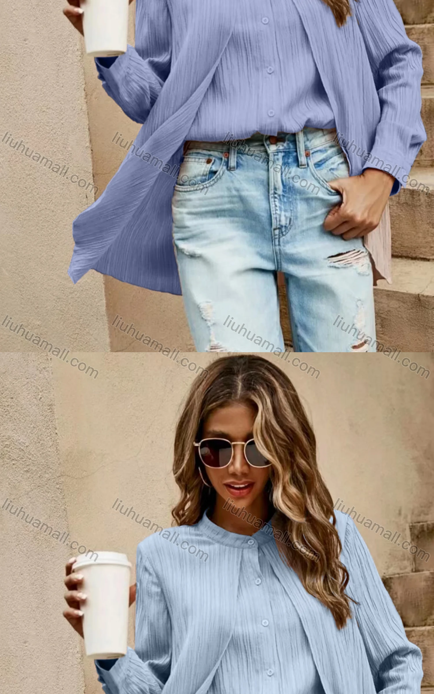 Wholesale Women's Casual Stand Collar Plain 2-in-1 Button Down Shirt Blouse - Liuhuamall