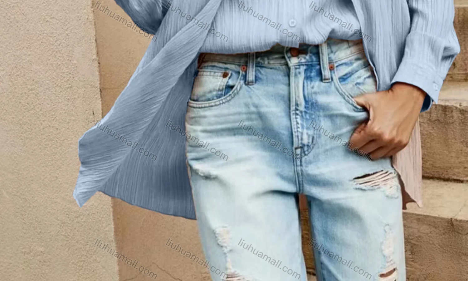 Wholesale Women's Casual Stand Collar Plain 2-in-1 Button Down Shirt Blouse - Liuhuamall