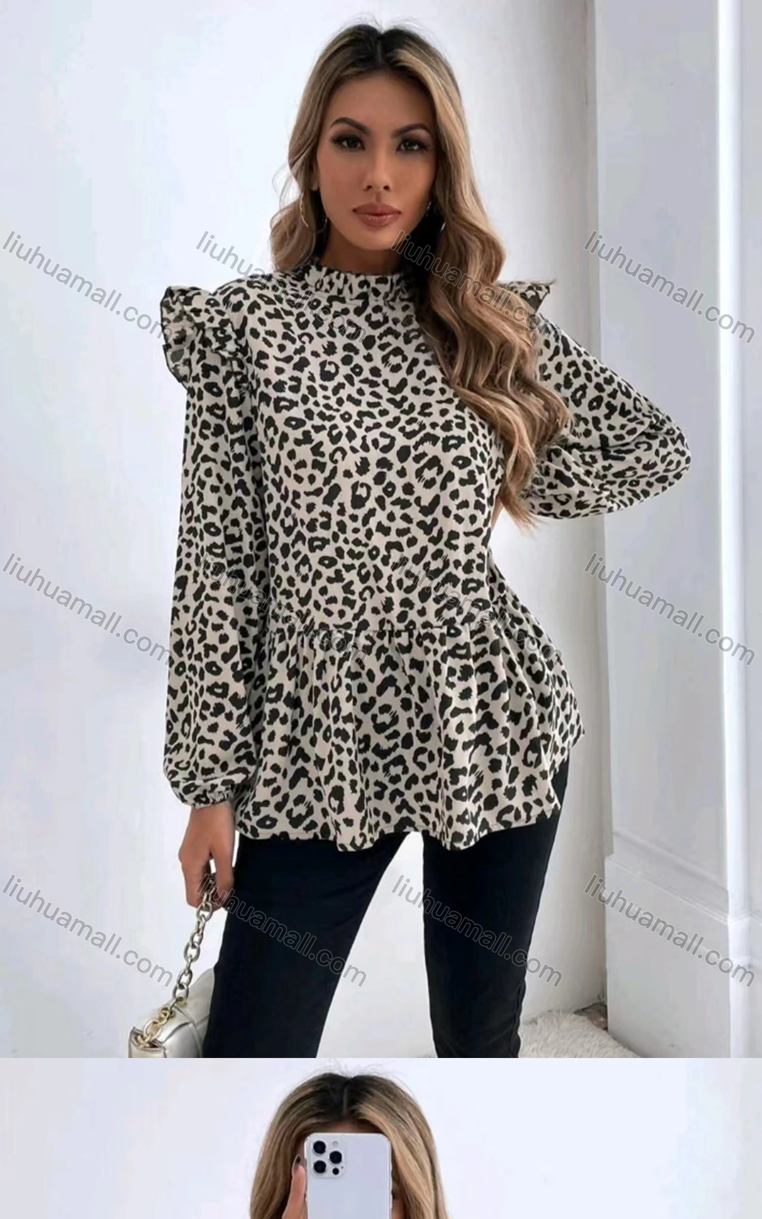 Wholesale Women's Casual Mock Neck Long Sleeve Ruffle Trim Leopard Blouse - Liuhuamall