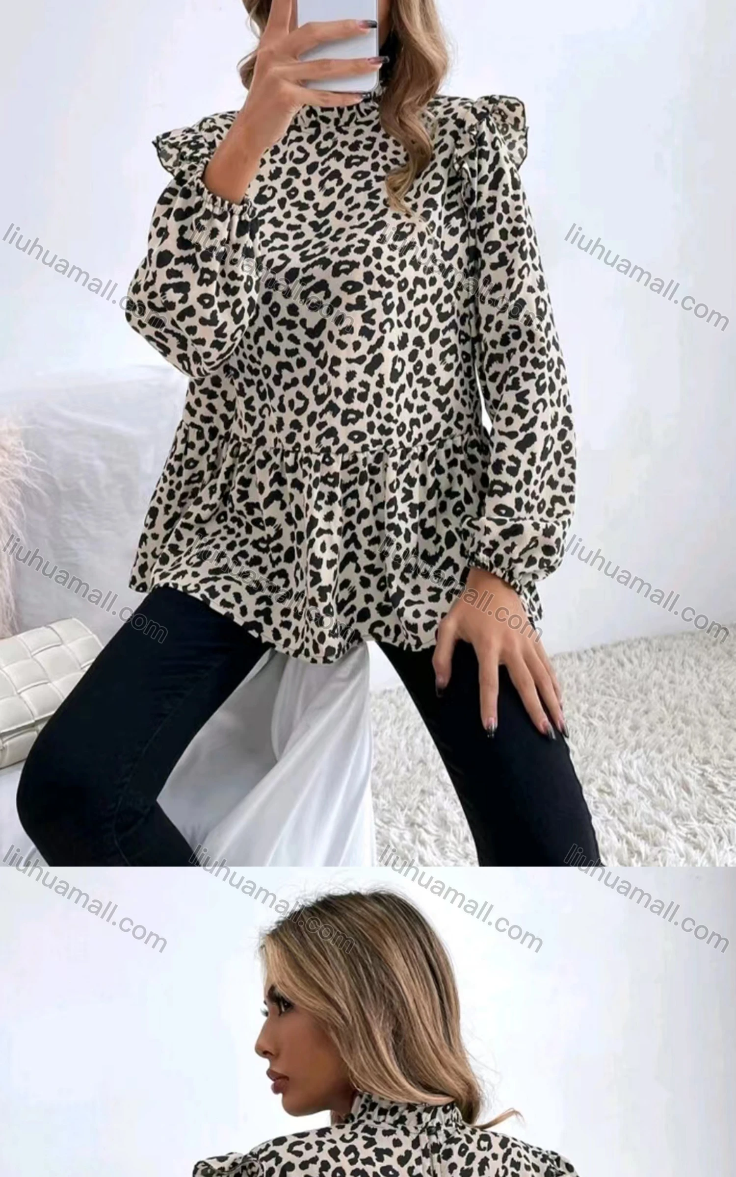 Wholesale Women's Casual Mock Neck Long Sleeve Ruffle Trim Leopard Blouse - Liuhuamall