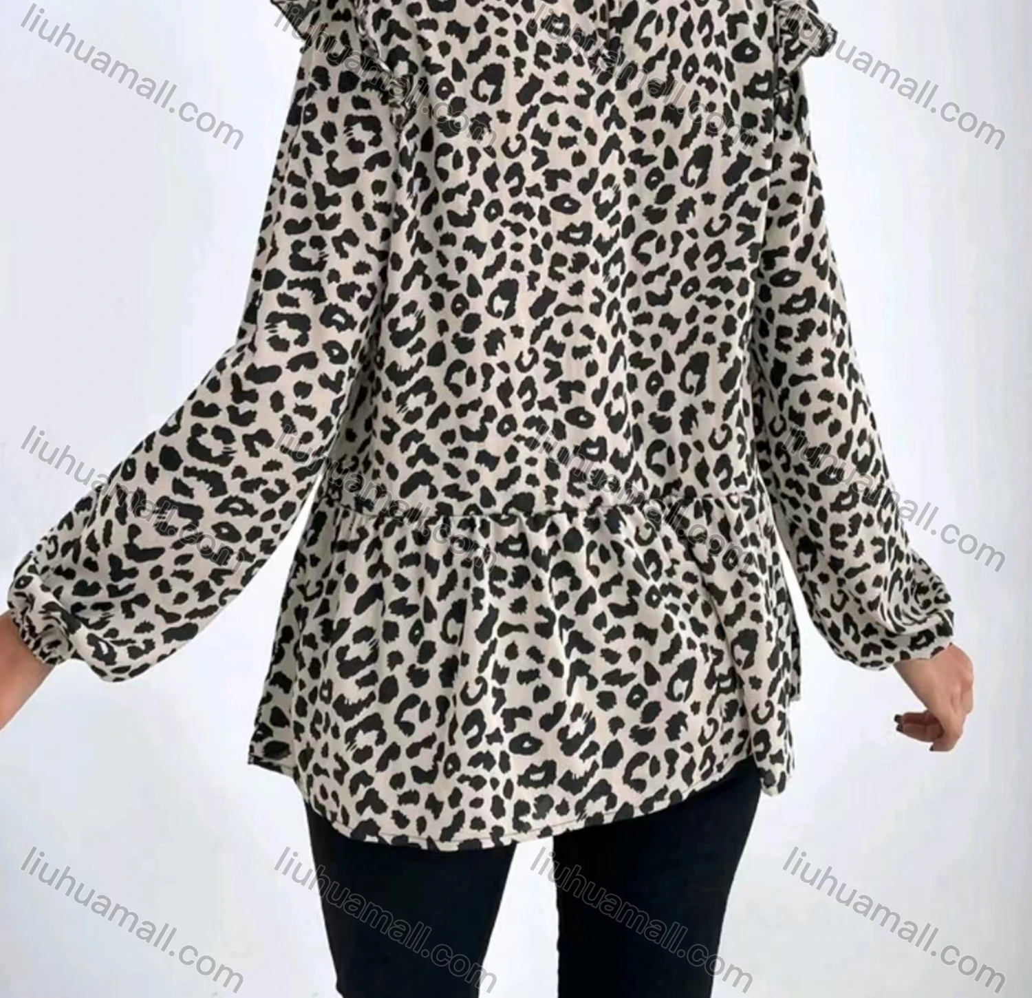 Wholesale Women's Casual Mock Neck Long Sleeve Ruffle Trim Leopard Blouse - Liuhuamall