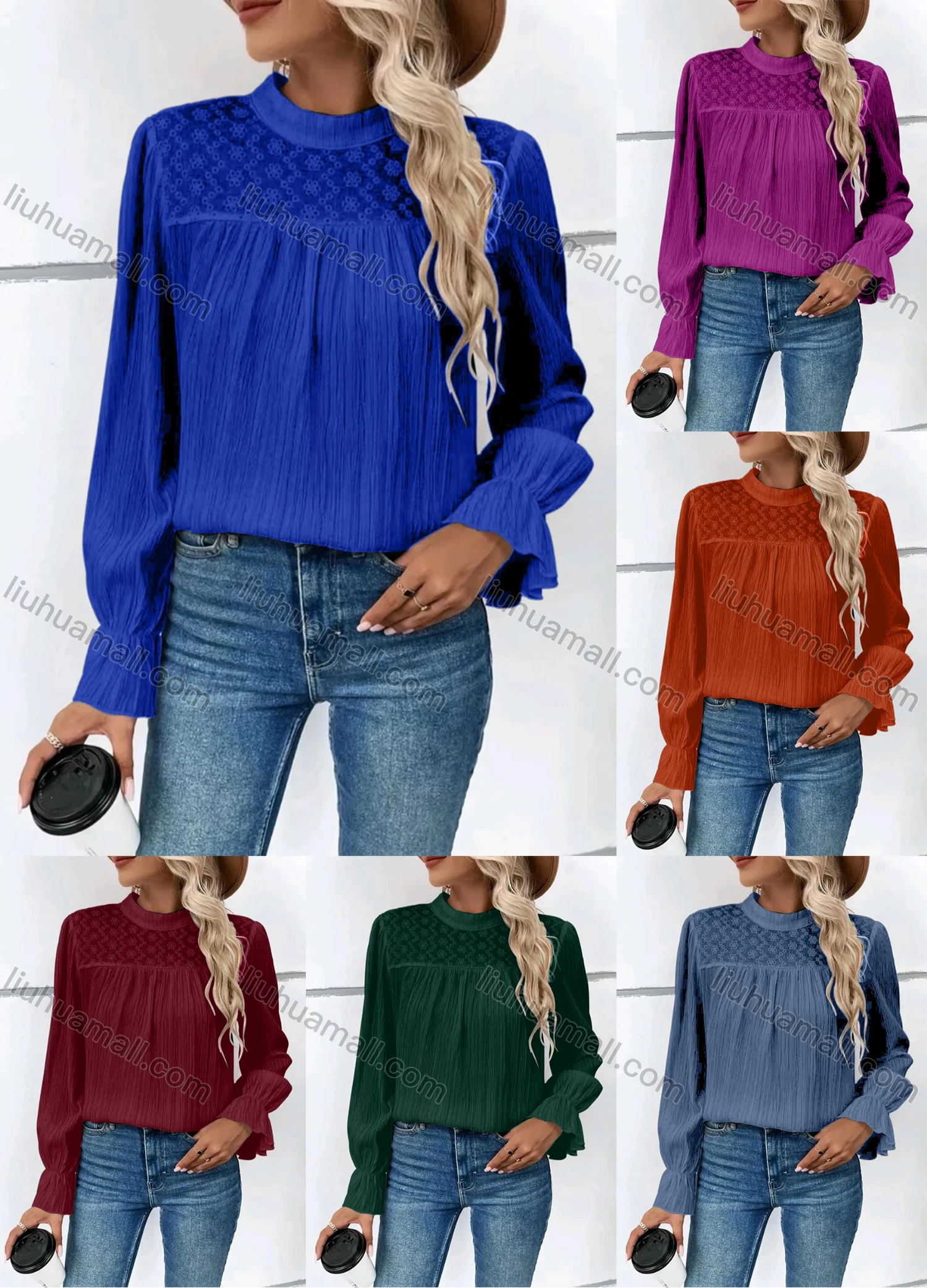 Wholesale Women's Casual Mock Neck Poet Sleeve Eyelet Embroidered Ruched Plain Blouse - Liuhuamall
