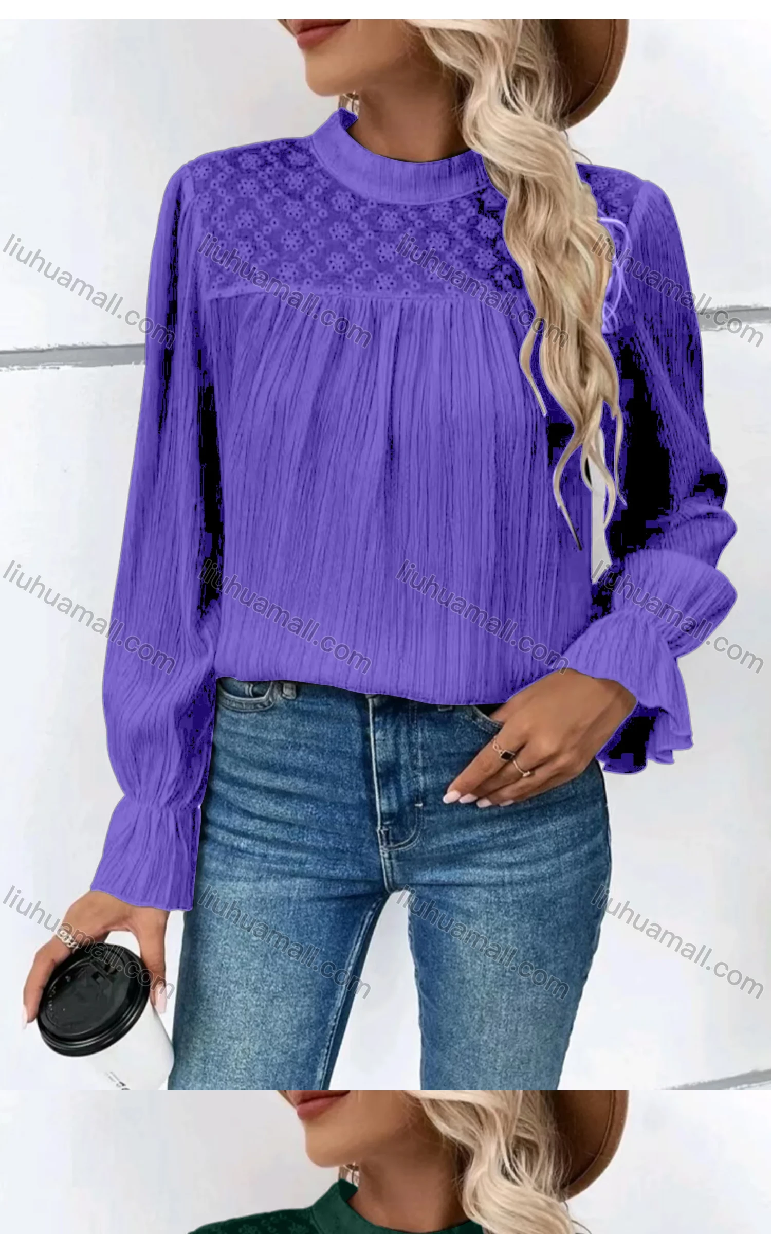 Wholesale Women's Casual Mock Neck Poet Sleeve Eyelet Embroidered Ruched Plain Blouse - Liuhuamall