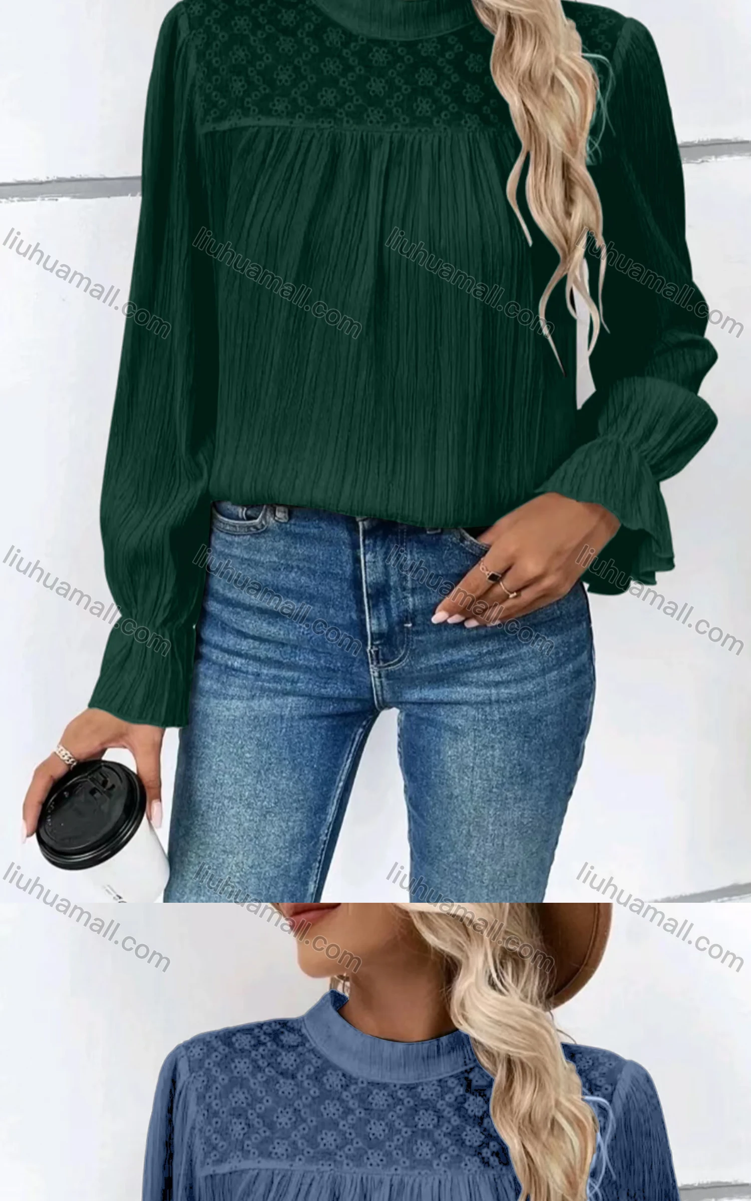 Wholesale Women's Casual Mock Neck Poet Sleeve Eyelet Embroidered Ruched Plain Blouse - Liuhuamall