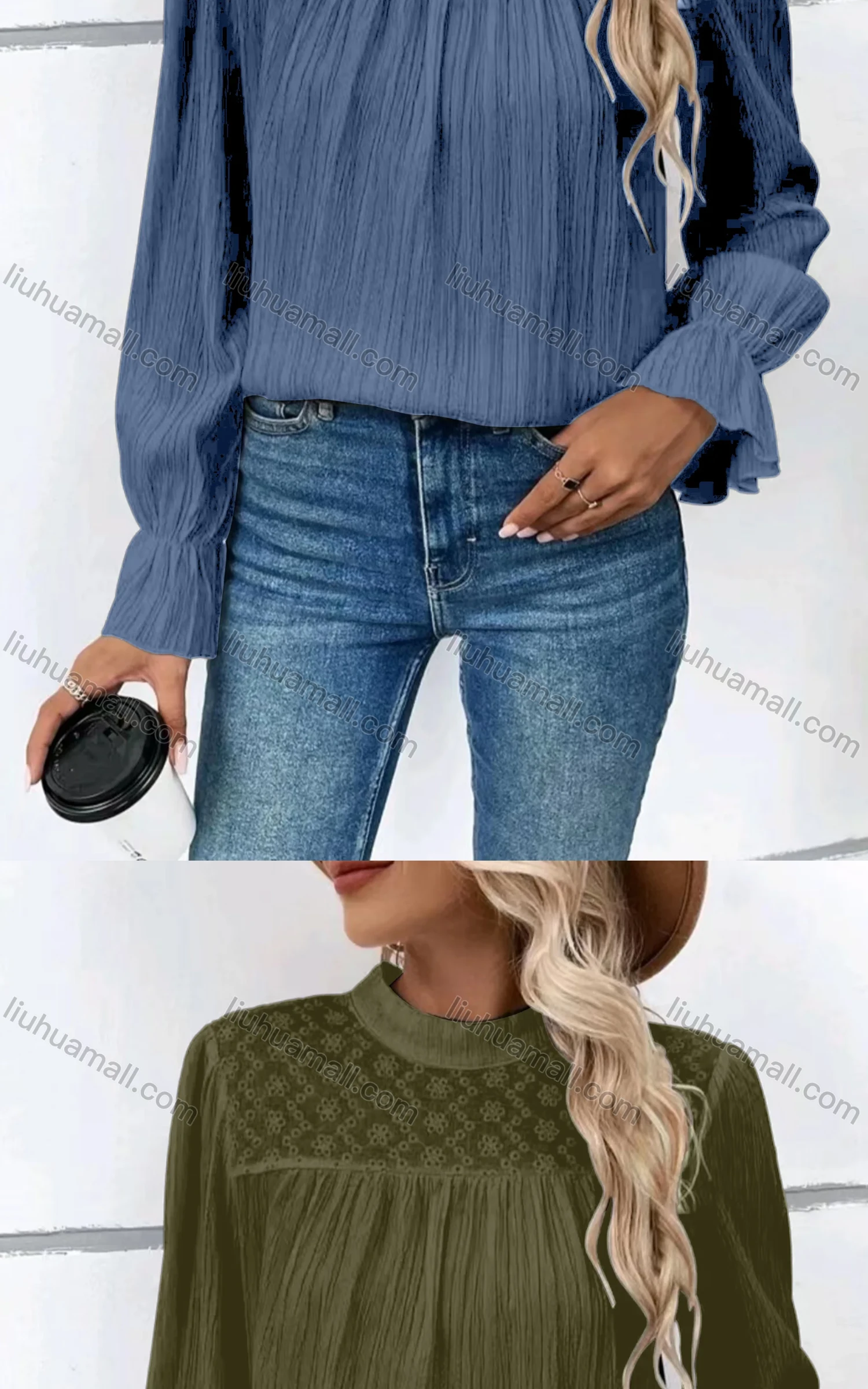Wholesale Women's Casual Mock Neck Poet Sleeve Eyelet Embroidered Ruched Plain Blouse - Liuhuamall