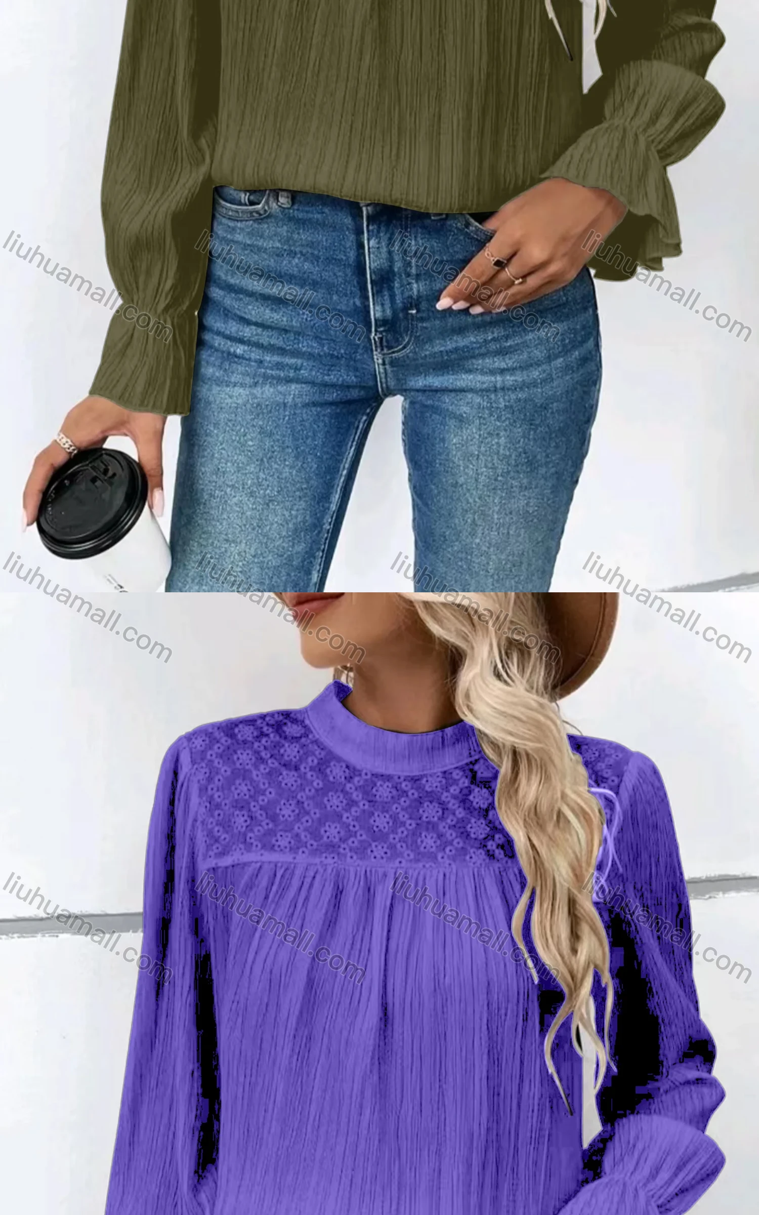 Wholesale Women's Casual Mock Neck Poet Sleeve Eyelet Embroidered Ruched Plain Blouse - Liuhuamall