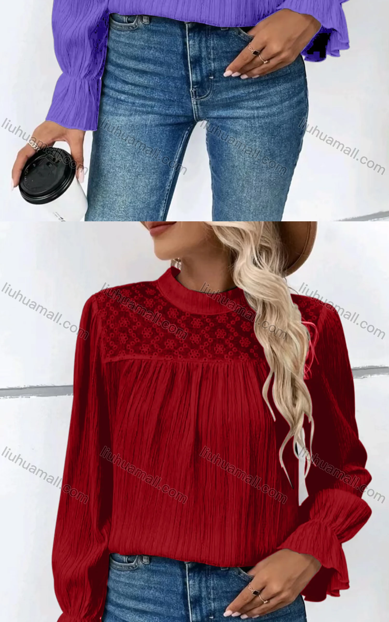 Wholesale Women's Casual Mock Neck Poet Sleeve Eyelet Embroidered Ruched Plain Blouse - Liuhuamall