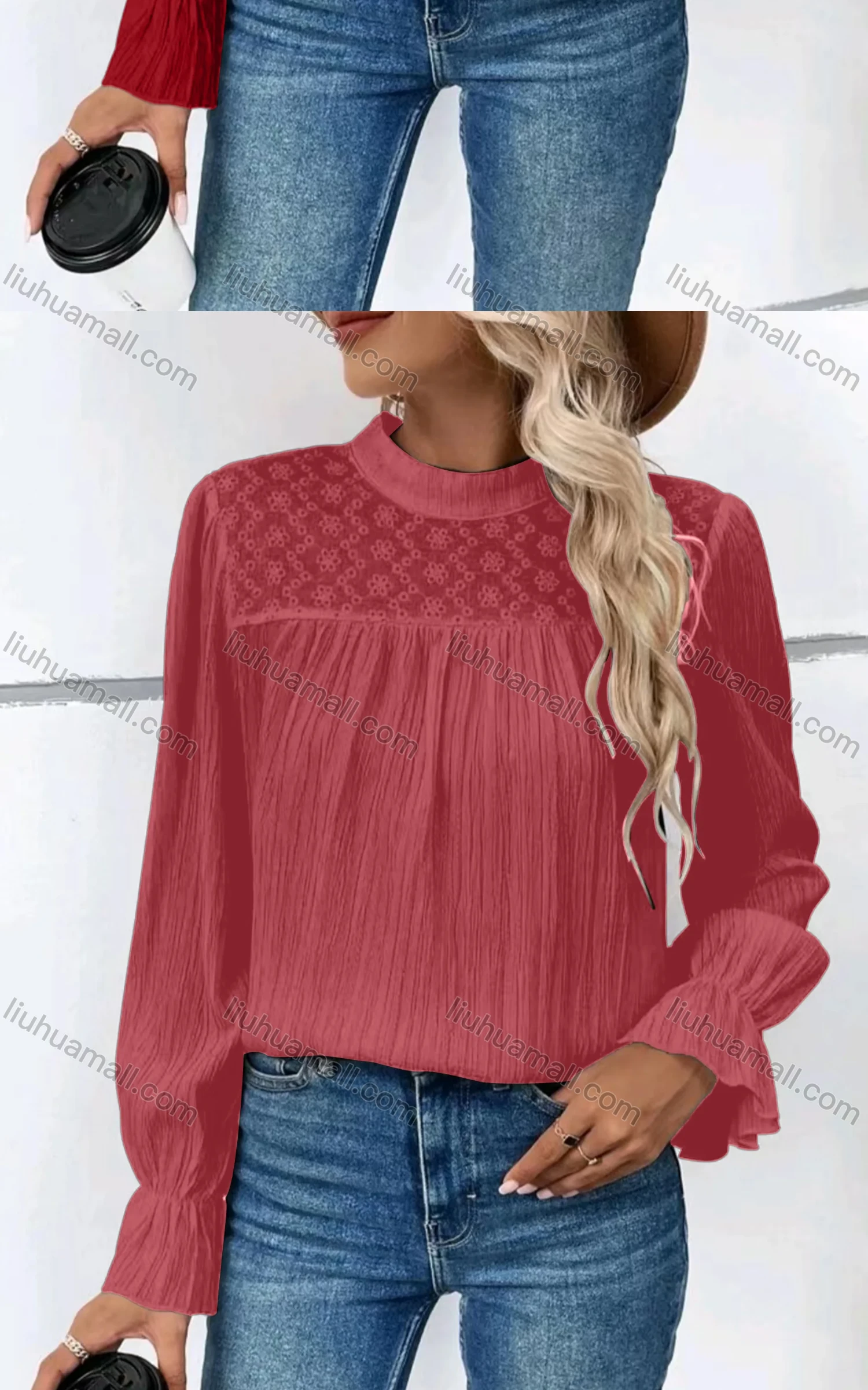 Wholesale Women's Casual Mock Neck Poet Sleeve Eyelet Embroidered Ruched Plain Blouse - Liuhuamall