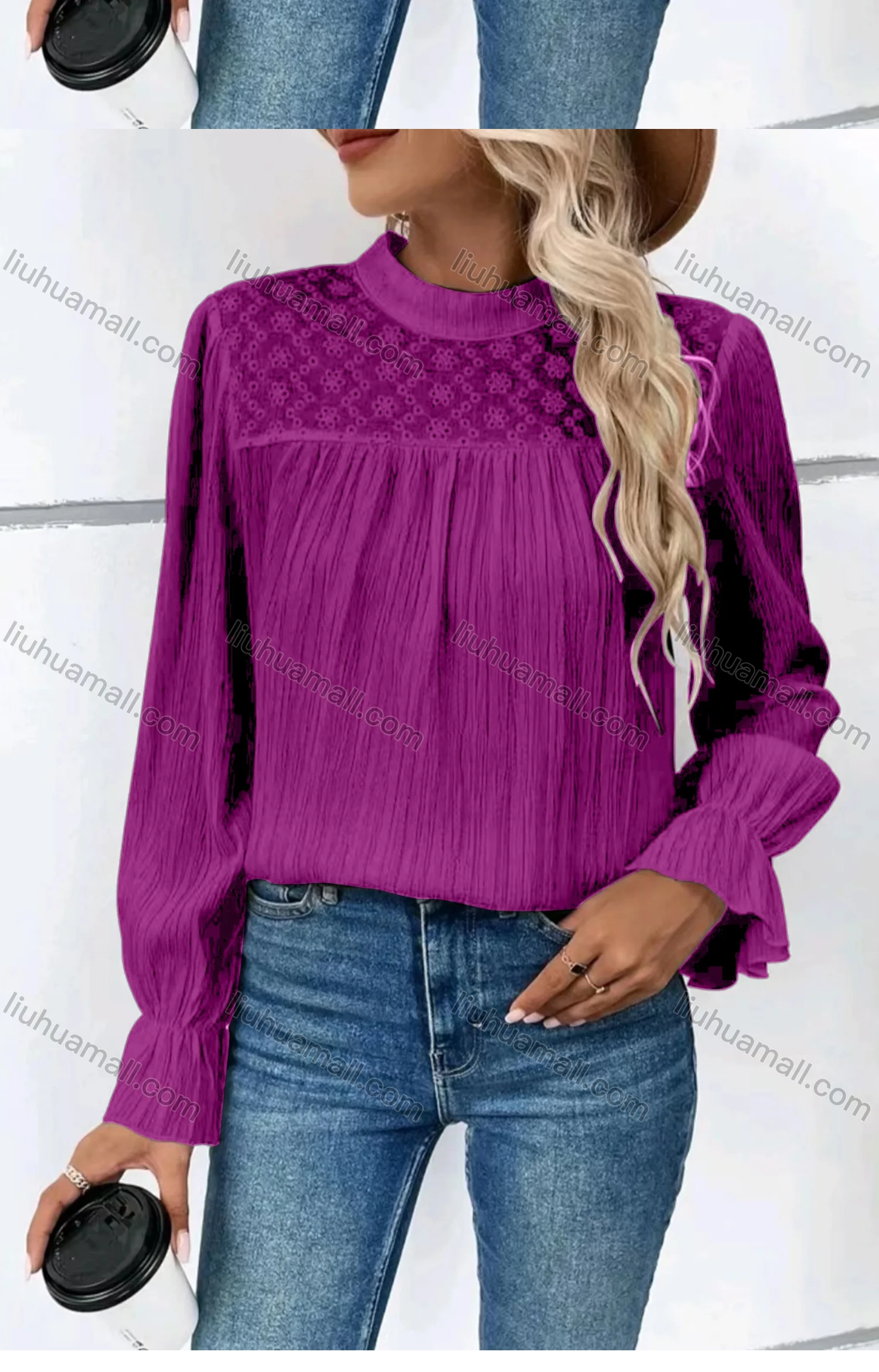 Wholesale Women's Casual Mock Neck Poet Sleeve Eyelet Embroidered Ruched Plain Blouse - Liuhuamall