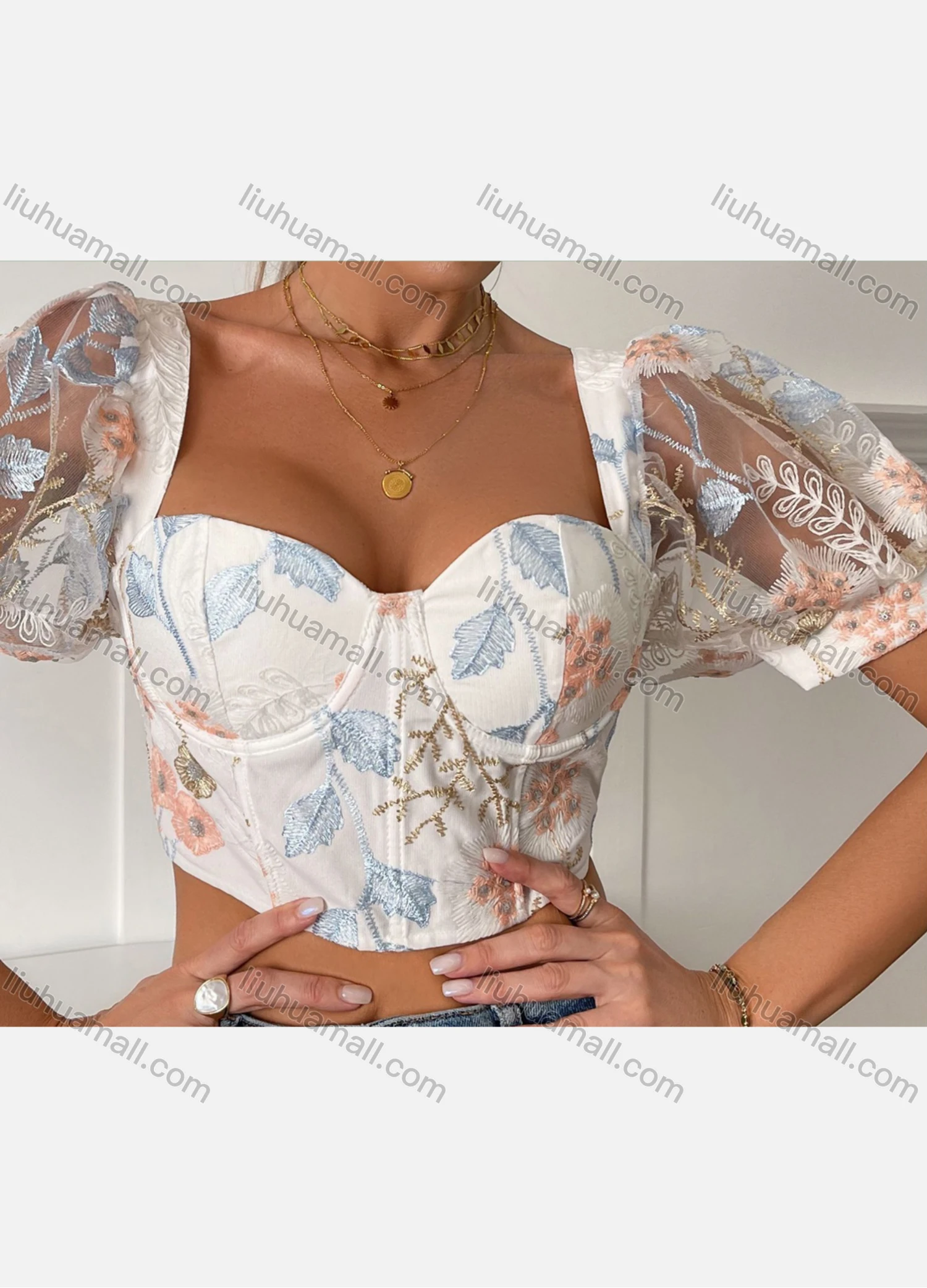Wholesale Women's Sexy Floral Print Sweetheart Neck Tube Top Mesh Splicing Short Sleeve Crop Tops - Liuhuamall