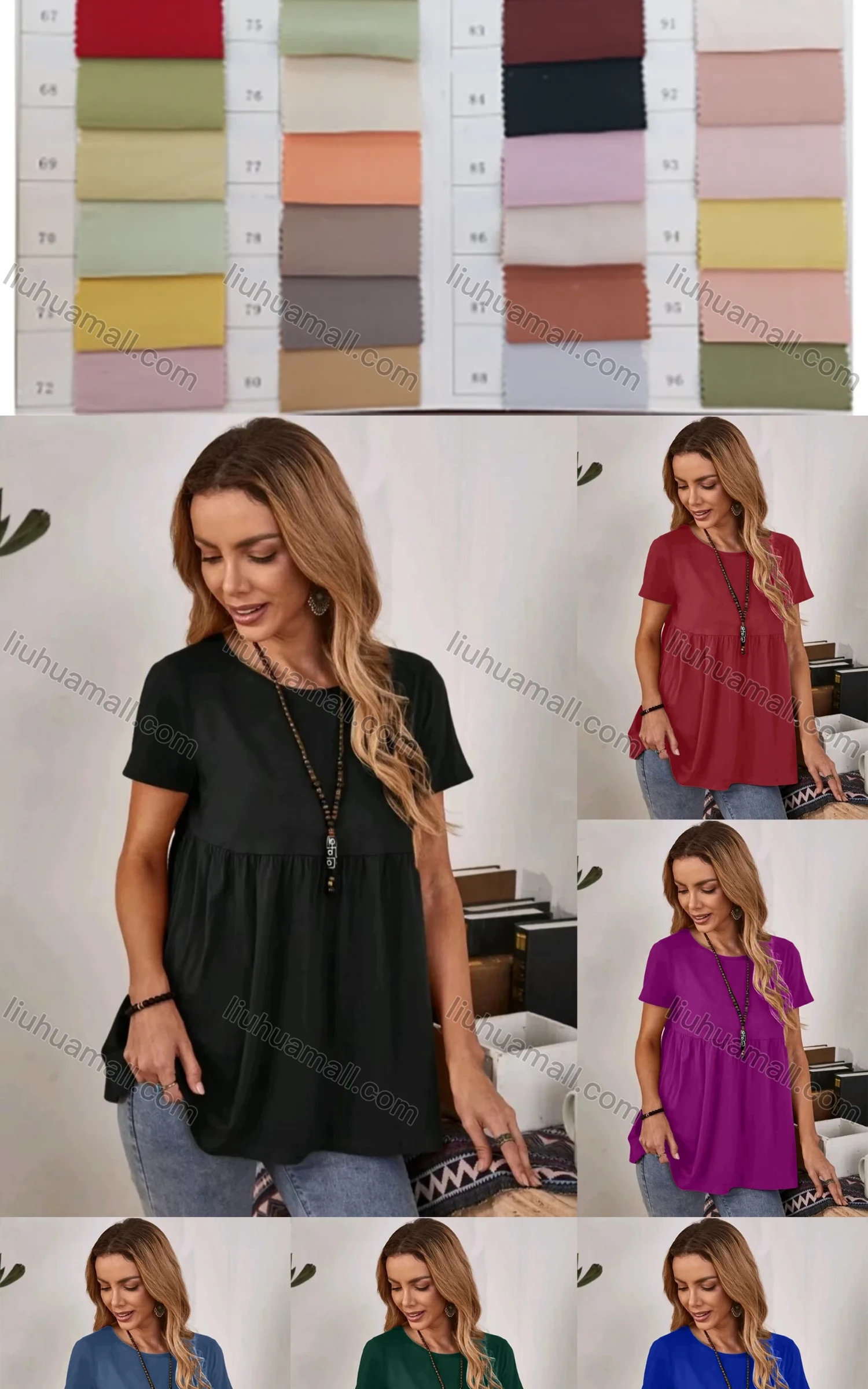 Wholesale Women's Casual Crew Neck Short Sleeve Ruched Plain Blouse - Liuhuamall