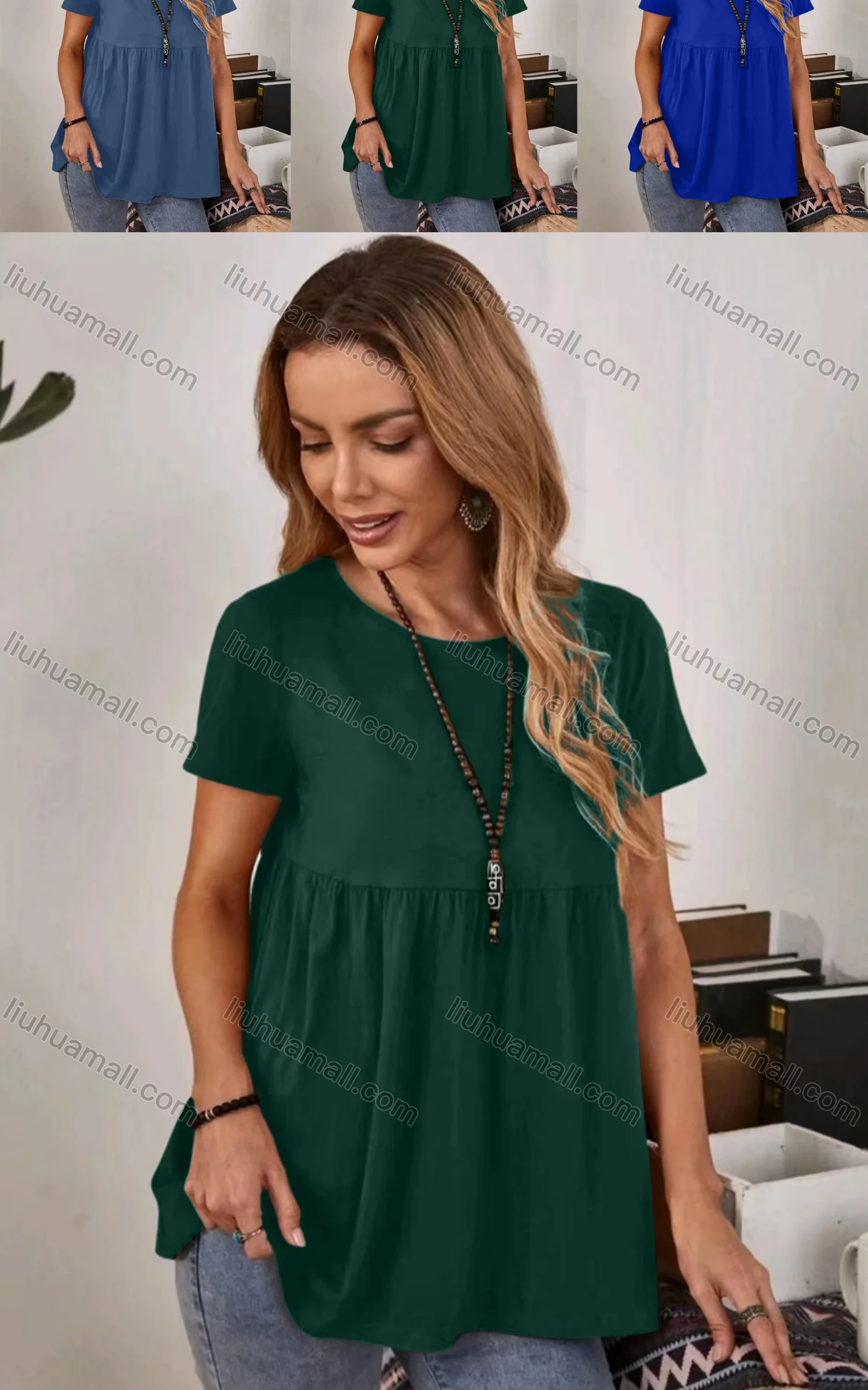 Wholesale Women's Casual Crew Neck Short Sleeve Ruched Plain Blouse - Liuhuamall