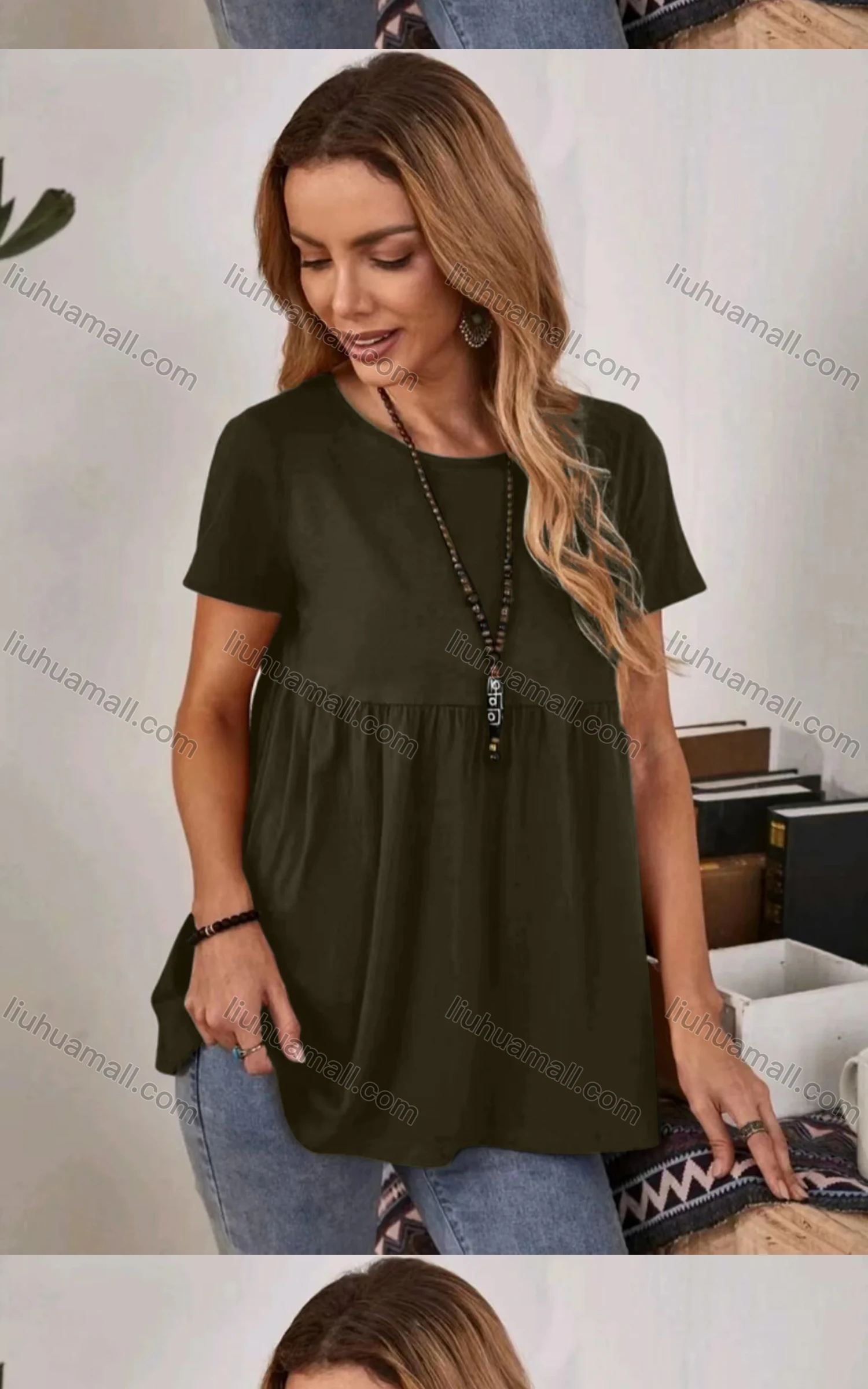 Wholesale Women's Casual Crew Neck Short Sleeve Ruched Plain Blouse - Liuhuamall