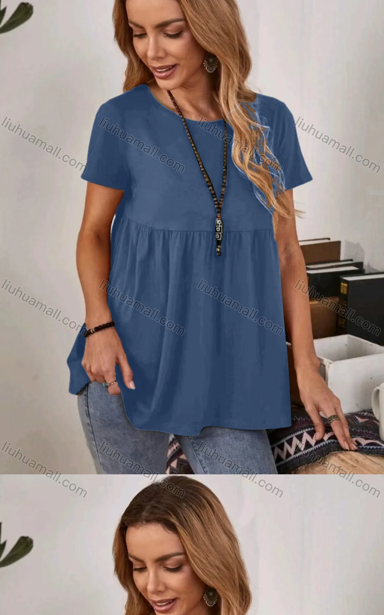 Wholesale Women's Casual Crew Neck Short Sleeve Ruched Plain Blouse - Liuhuamall
