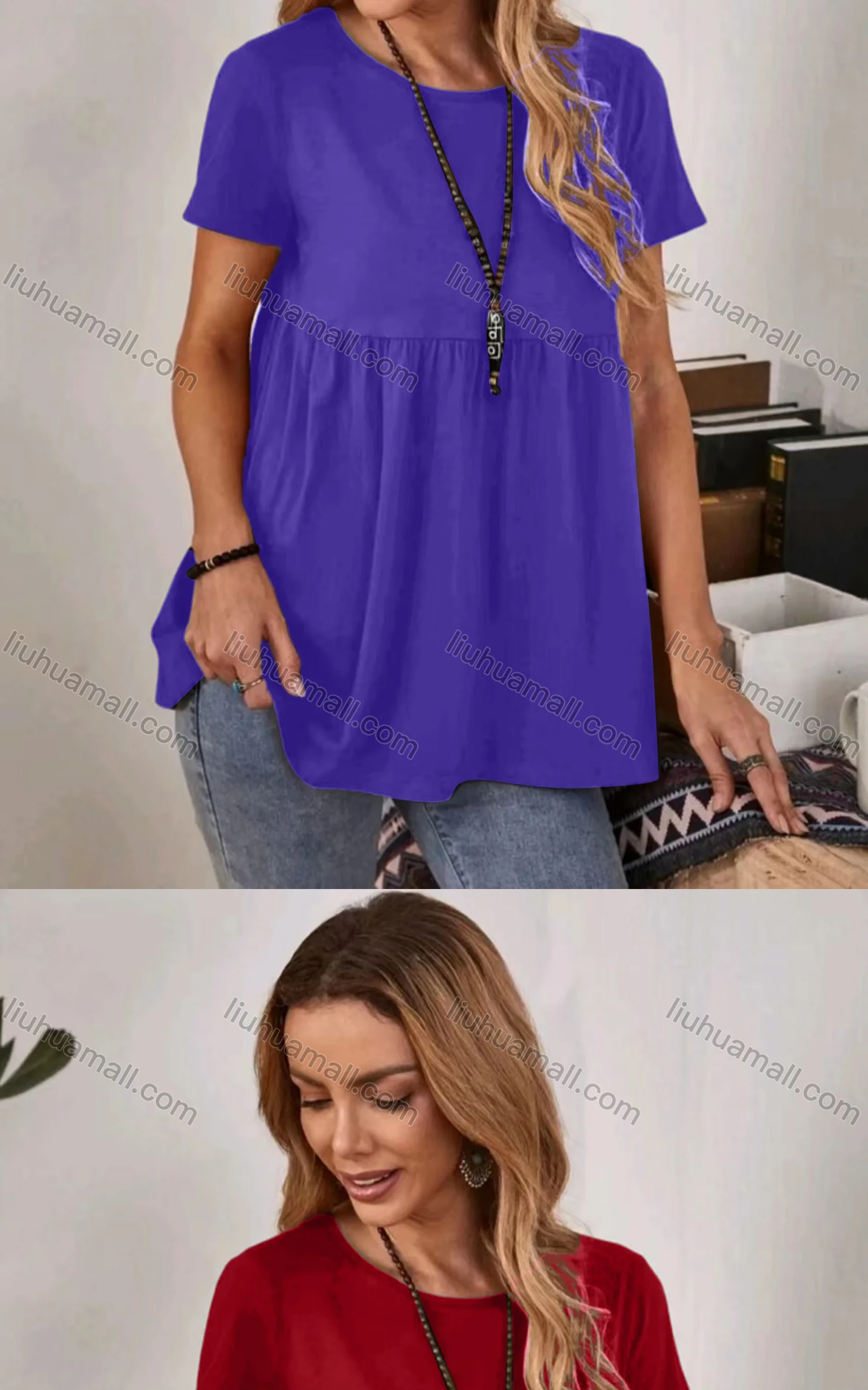 Wholesale Women's Casual Crew Neck Short Sleeve Ruched Plain Blouse - Liuhuamall