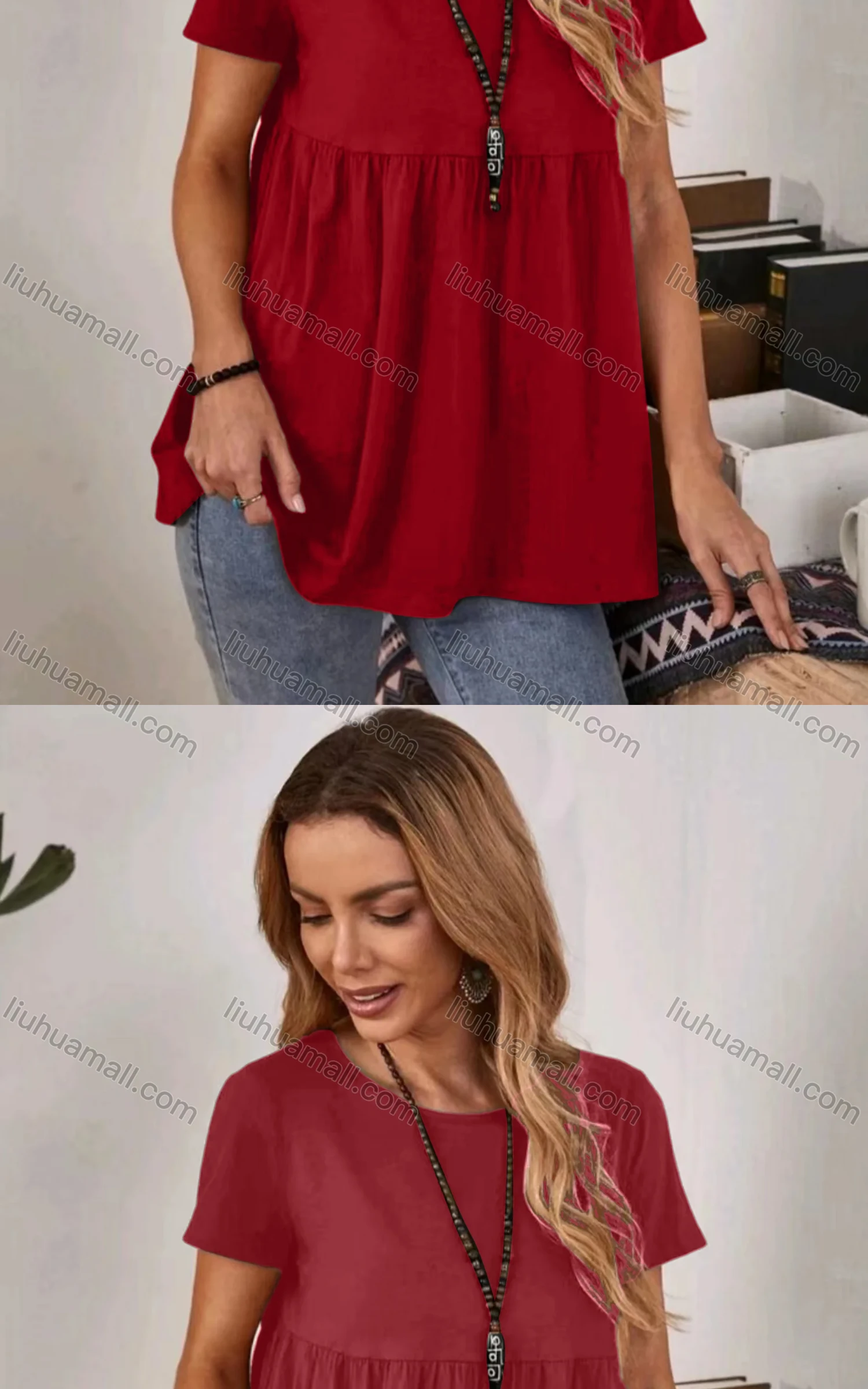 Wholesale Women's Casual Crew Neck Short Sleeve Ruched Plain Blouse - Liuhuamall