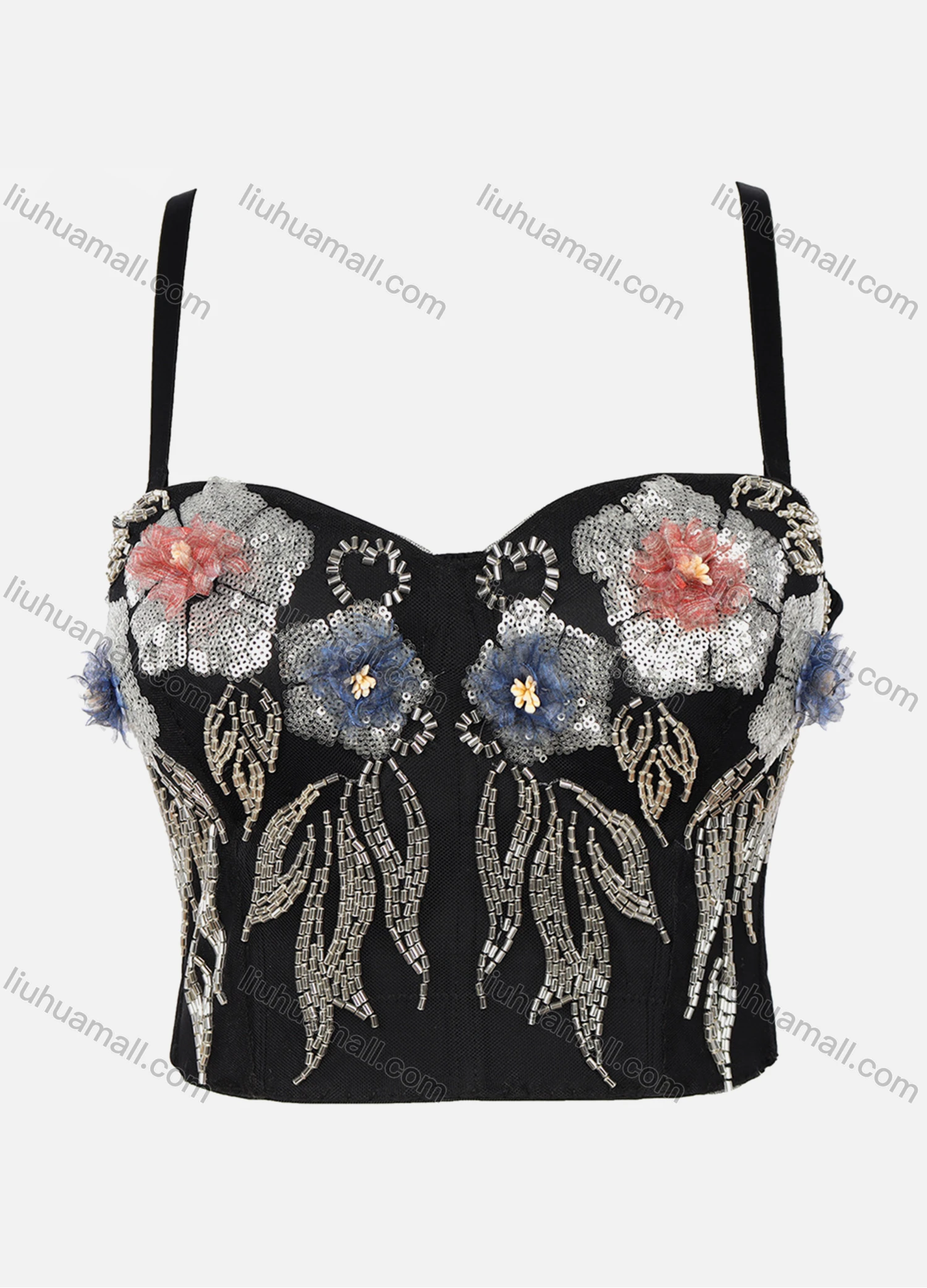 Wholesale Women's Sexy Tube Top Sequins Beads Decor 3D Flowers Appliques Crop Cami Top - Liuhuamall